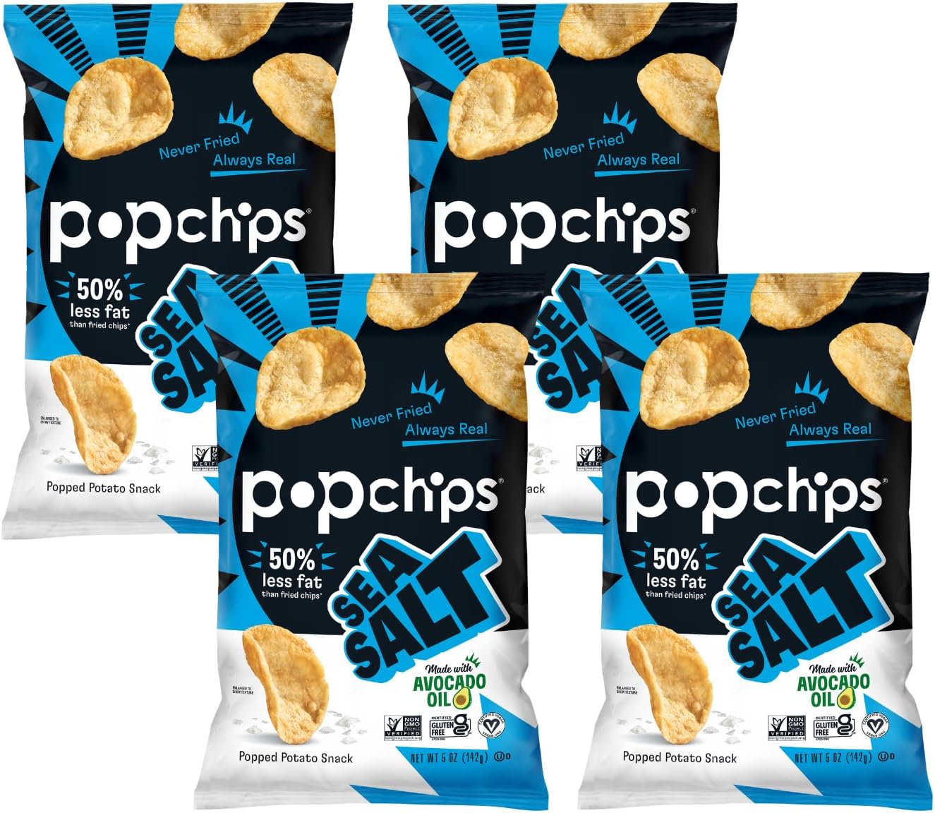Popchips Potato Chips, Sea Salt, 4ct 5.0oz Share Bags, Low-Calorie and Gluten Free, Salty Snacks for Adults and Children, Non-GMO, Vegan & Kosher Friendly, 130 Calories Per Serving