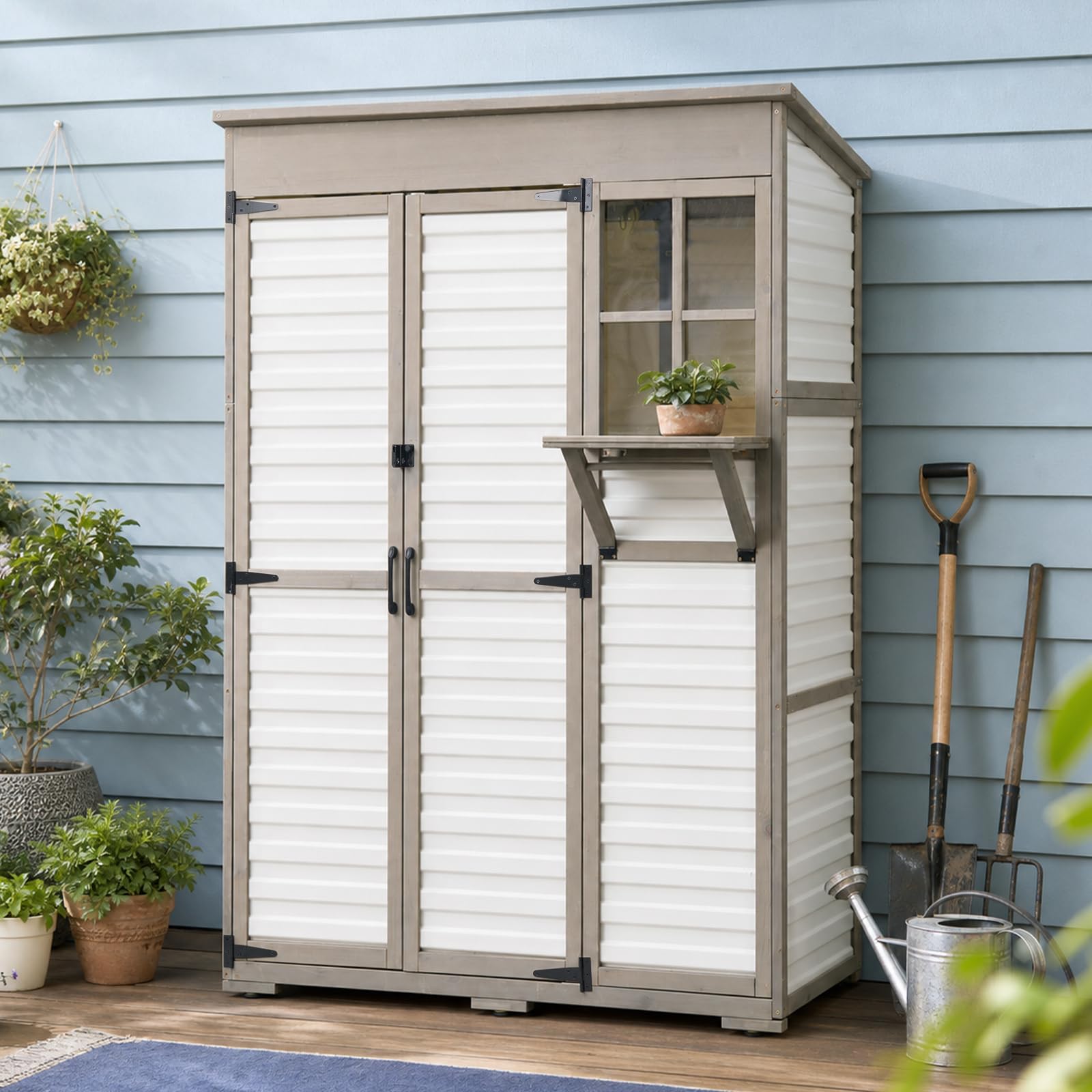Large Outdoor Storage Cabinet with 3 Shelves, Weatherproof Shed for Outside
