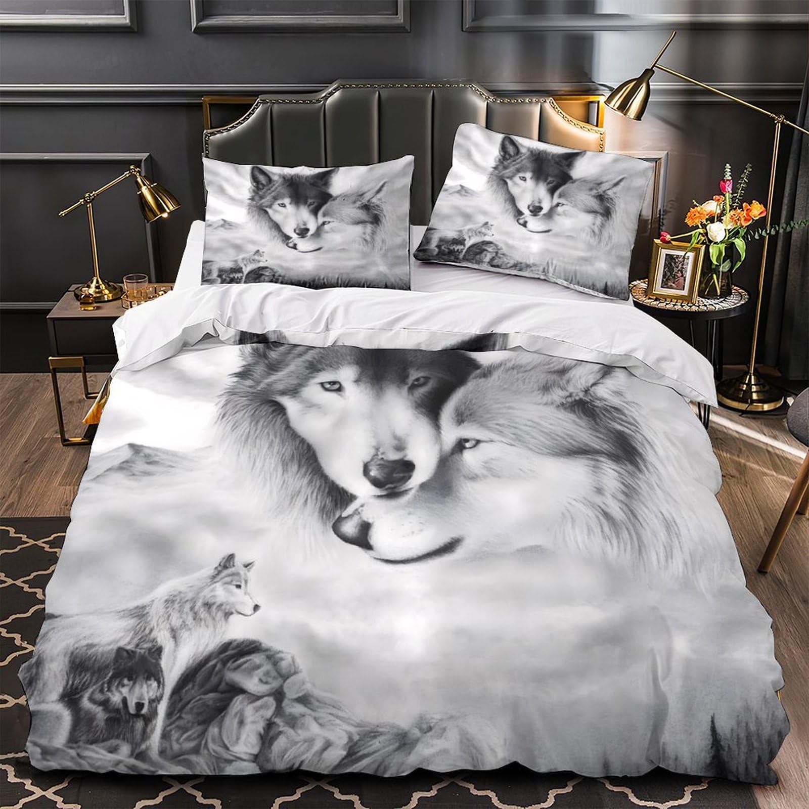 Housse de couette loup fermeture éclair pratique parure de lit 220x240