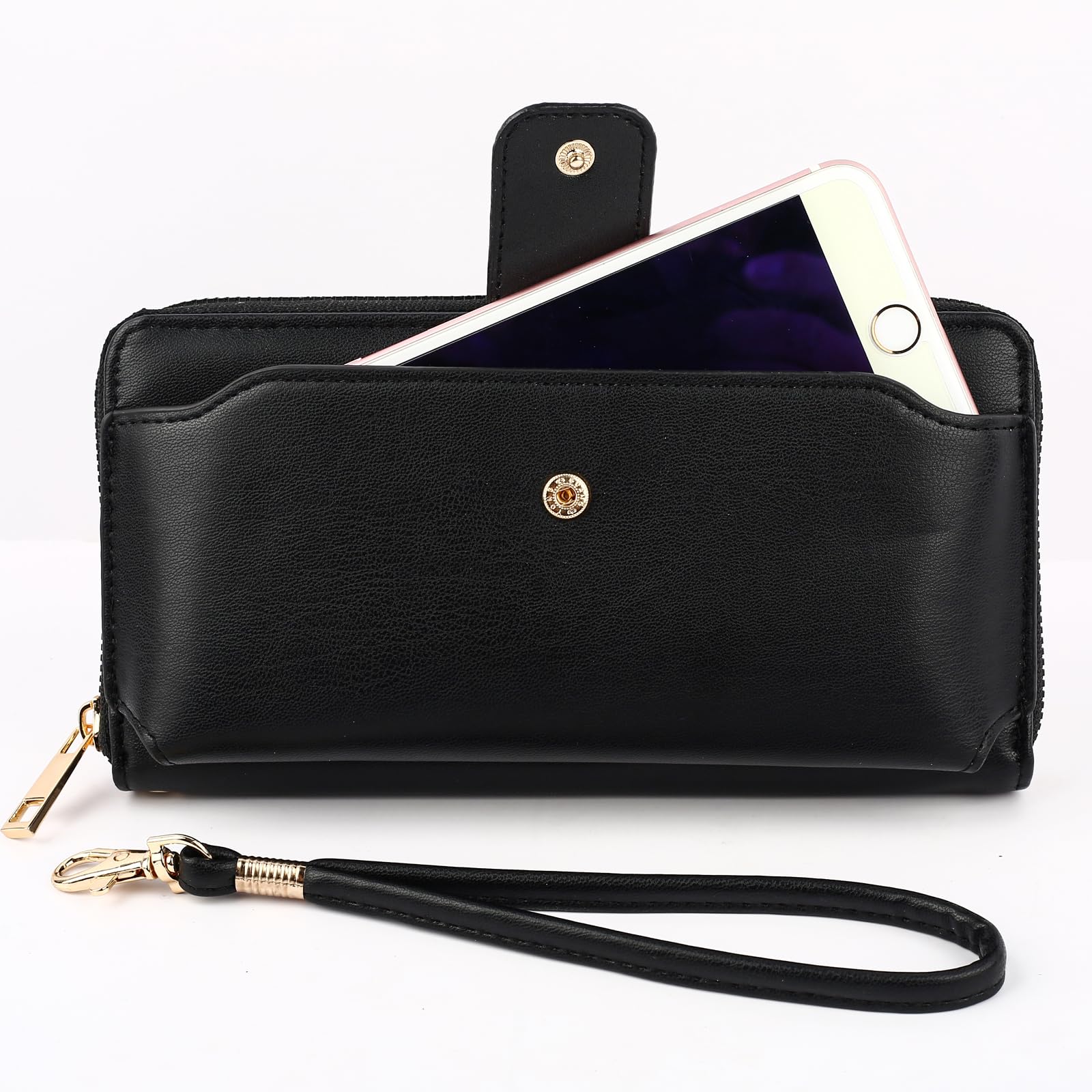 Heaye Women Wristlet Wallet with Cell Phone Holder Zip Around Wallet PU Black