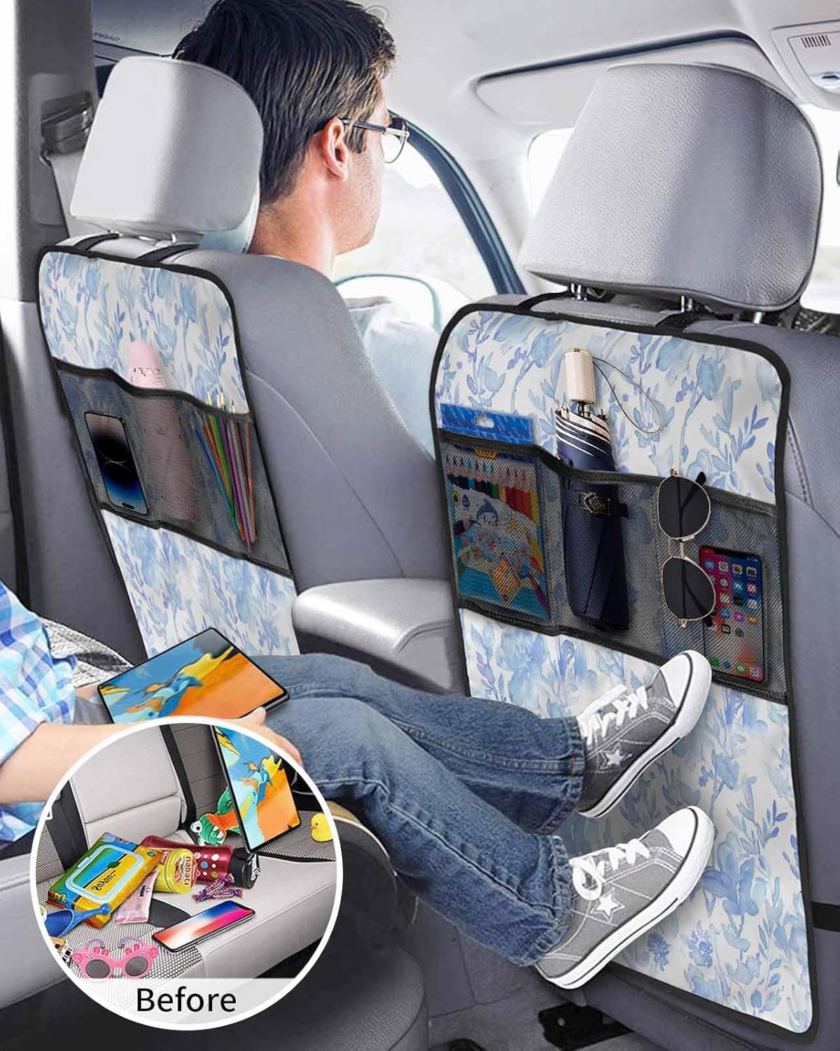 Car Seat Protector, 2 Pack Kick Mats with Organizer - 3 Pocket Storage, Blue Green Abstract Flowers Plants Watercolor Floral Back Seat Cover for Kids Universal Fit Automotive Interior Protectors