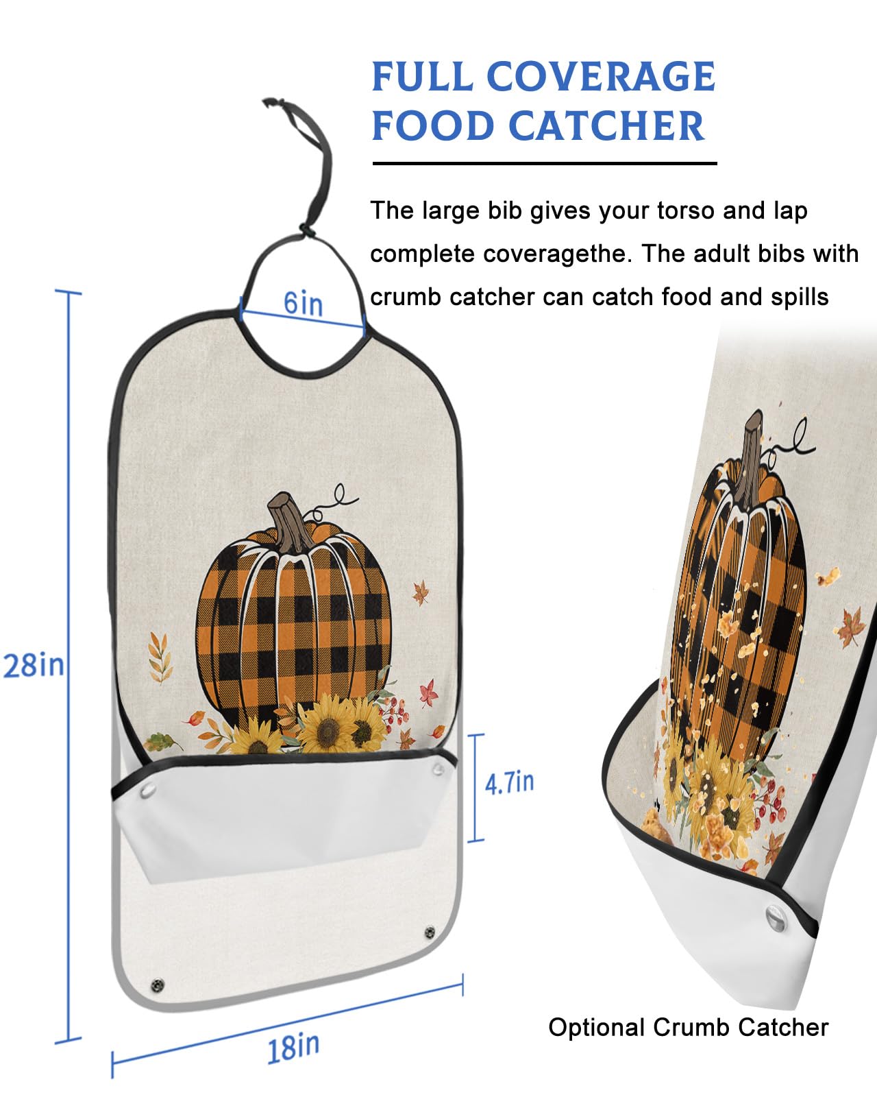 Thanksgiving Pumpkin Adult Bibs for Eating, Waterproof Bibs with Food Catcher & Adjustable Snap Closure, Black Orange Plaid Farmhouse Sunflower Clothing Protectors Adult Bibs for Elderly Women/Men