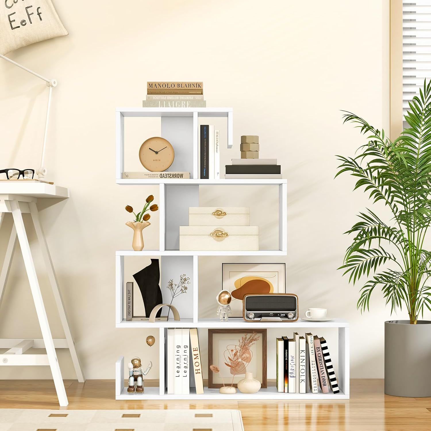 Giantex 5-Tier S-Shaped Bookshelf, Geometric Bookcase w/Open Cubes, Modern Decorative Display Shelf w/Anti-Toppling Kits, Freestanding Storage Rack for Living Room, Study, Home, Office, White