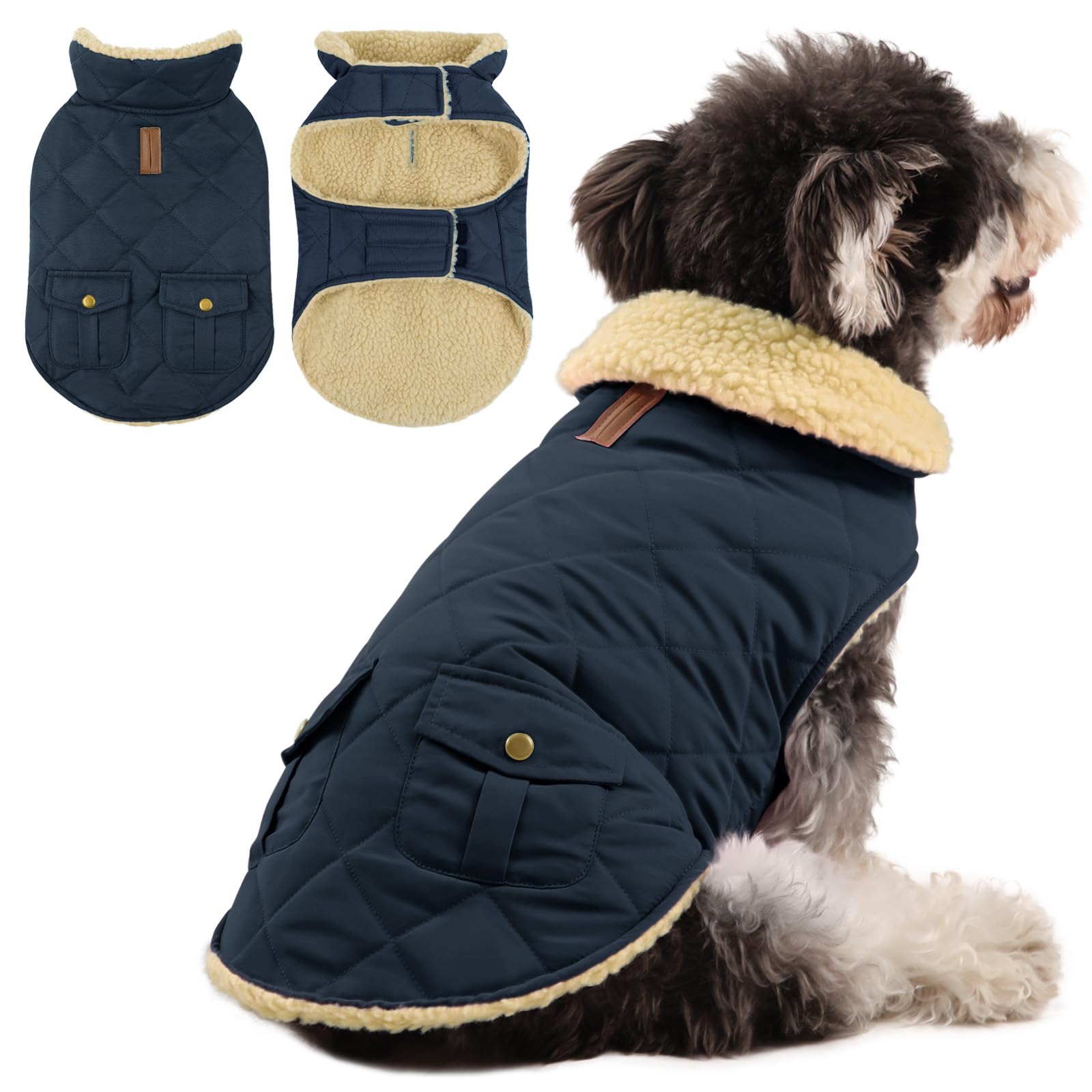 Queenmore Cappottino Cane Taglia Piccola Cappotto Cane Caldo Cappotto Impermeabile Per Cani Giubbotto Invernale Pile Vestiti Per Cani Bassotto Bulldog Francese Chihuahua, Blu, S