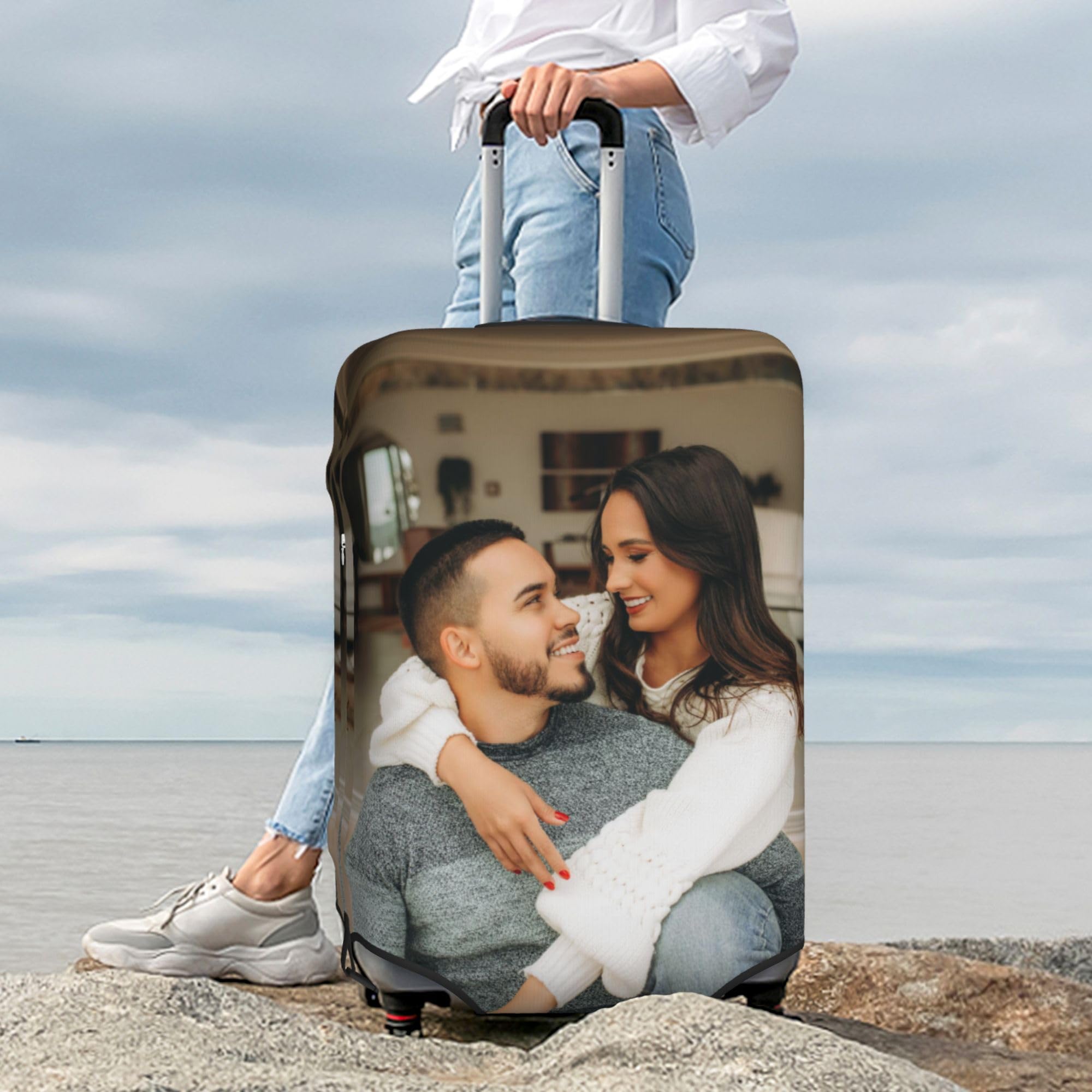 Housse de Valise Personnalisée avec Texte Photo, Personnalisez Votre Image/Nom/Logo Bagages Accessoires de Voyage Double Face Design Différent Protecteur de Valise de Voyage Elastique Lavable Couvre
