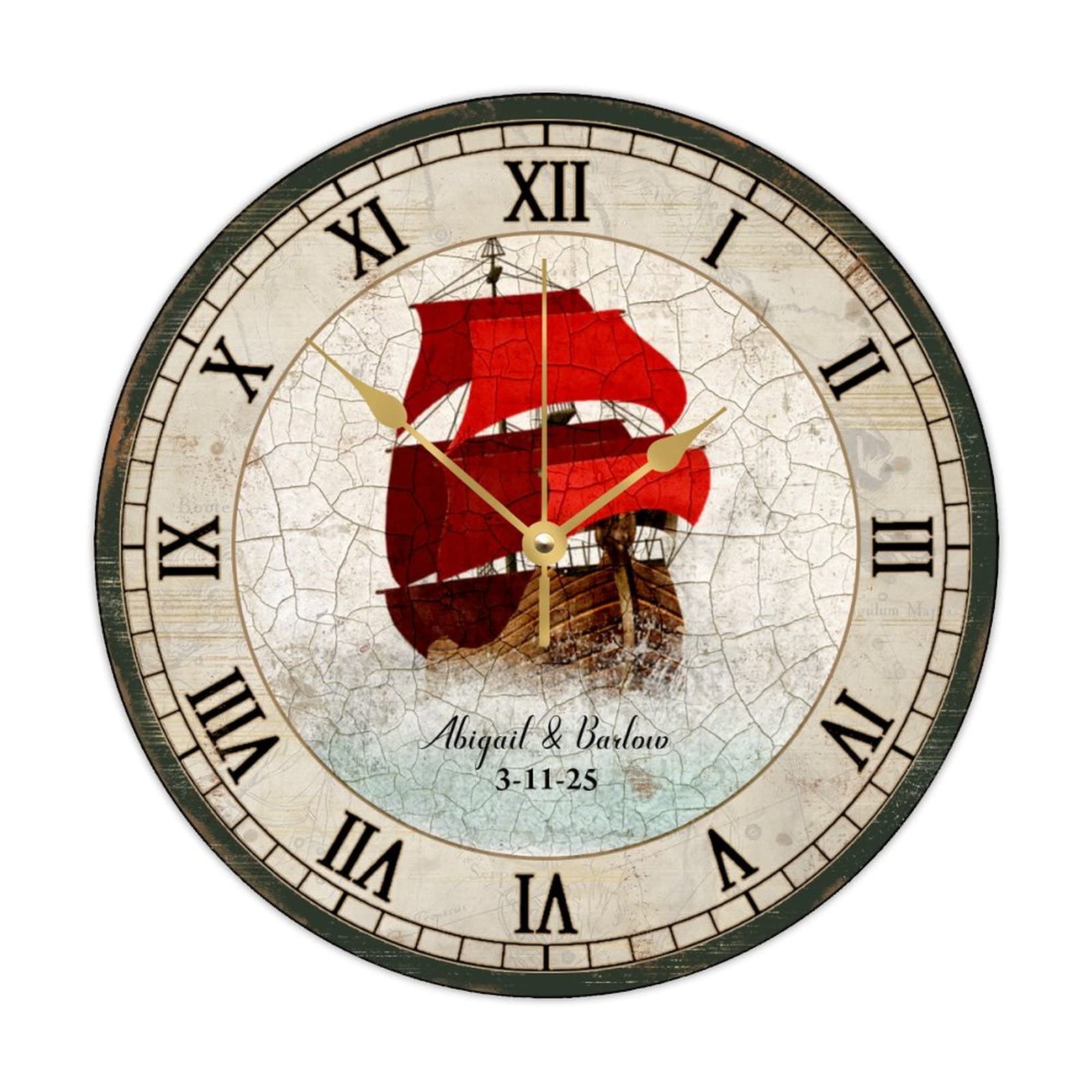 Horloge ronde en bois avec voilier nautique, grand cadran de 38,1 cm