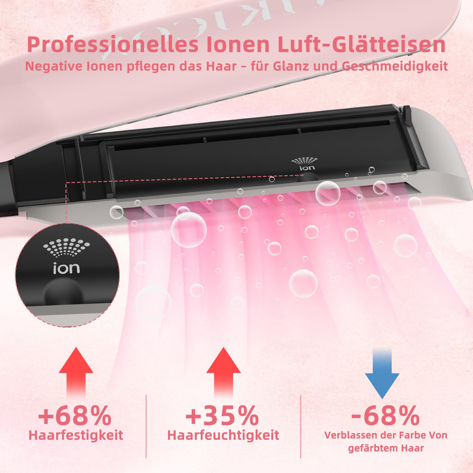 Air - Plancha de pelo sin placas calefactoras, estilo iónico para cabello largo, color rosa claro | Plancha alisadora de aire para rizar y alisar el pelo de longitud media a largo, no daña el cabello, menos rotura, más brillo