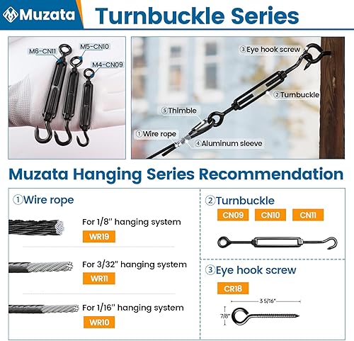 Miniatura 13 de Muzata Paquete de 5 tensores de gancho y tensores de ojo M4 para cable de cable T304 Tensor de cable de acero inoxidable Kit de cuerda de alambre