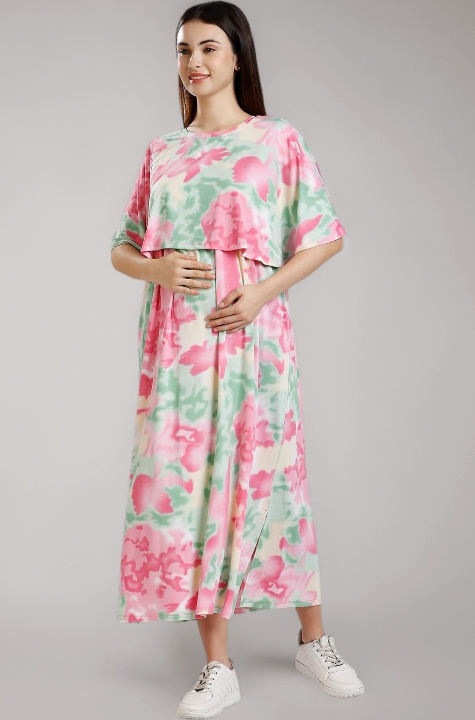 True Shape Maternity Gown for Women | Knitted Polyester Zipless Feeding Poncho Night Dress with Attached Cape, Easy Nursing & Convenient Pockets for Pre & Post Pregnancy