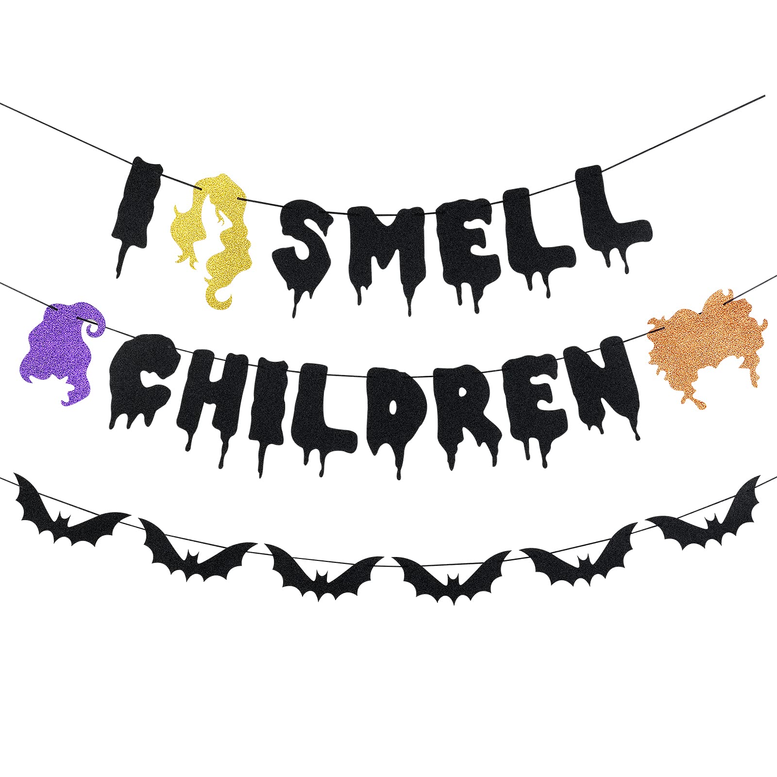 I Smell Children Banner Black Glitter, Hocus Pocus Halloween Party Decorations, Hocus Pocus I Smell Children Decor, Halloween Flying Bat Banner Decorations for Home Fireplace Mantel Office Decor