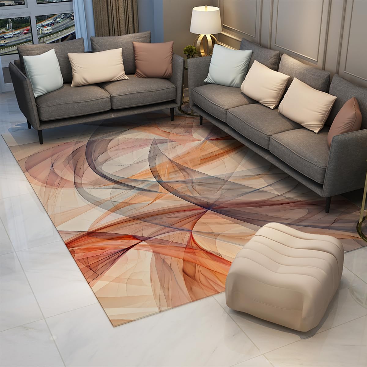 Nadający się do prania dywan 150 x 210 cm, abstrakcyjne zakrzywione linie, duży, miękki dywan wewnętrzny z antypoślizgowym gumowym spodem, nowoczesne dywany do domowego biura pod stołem