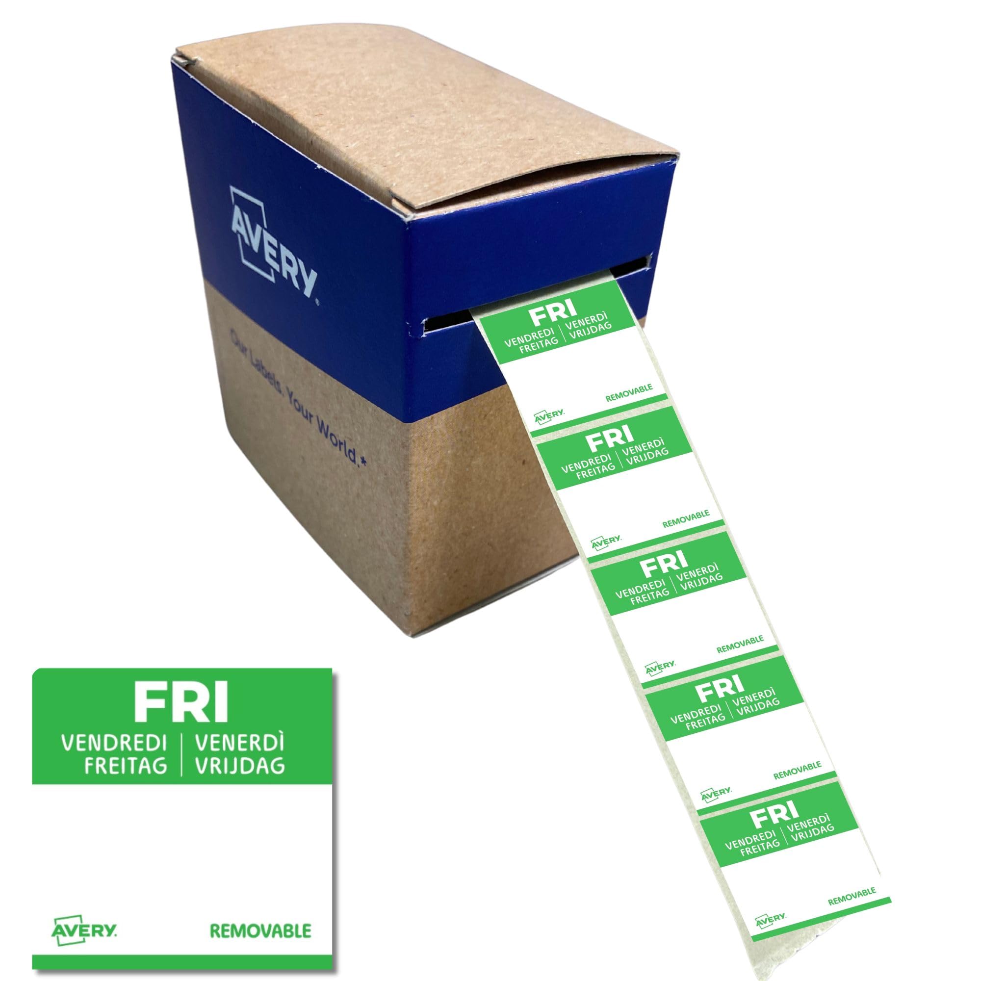 Avery Removable, Hand Writable, Food Day Labels, Friday, Strong Adhesive, 25 x 25 mm, Green, 1000 Labels, Preprinted Design (DLSFRIREV-1000)