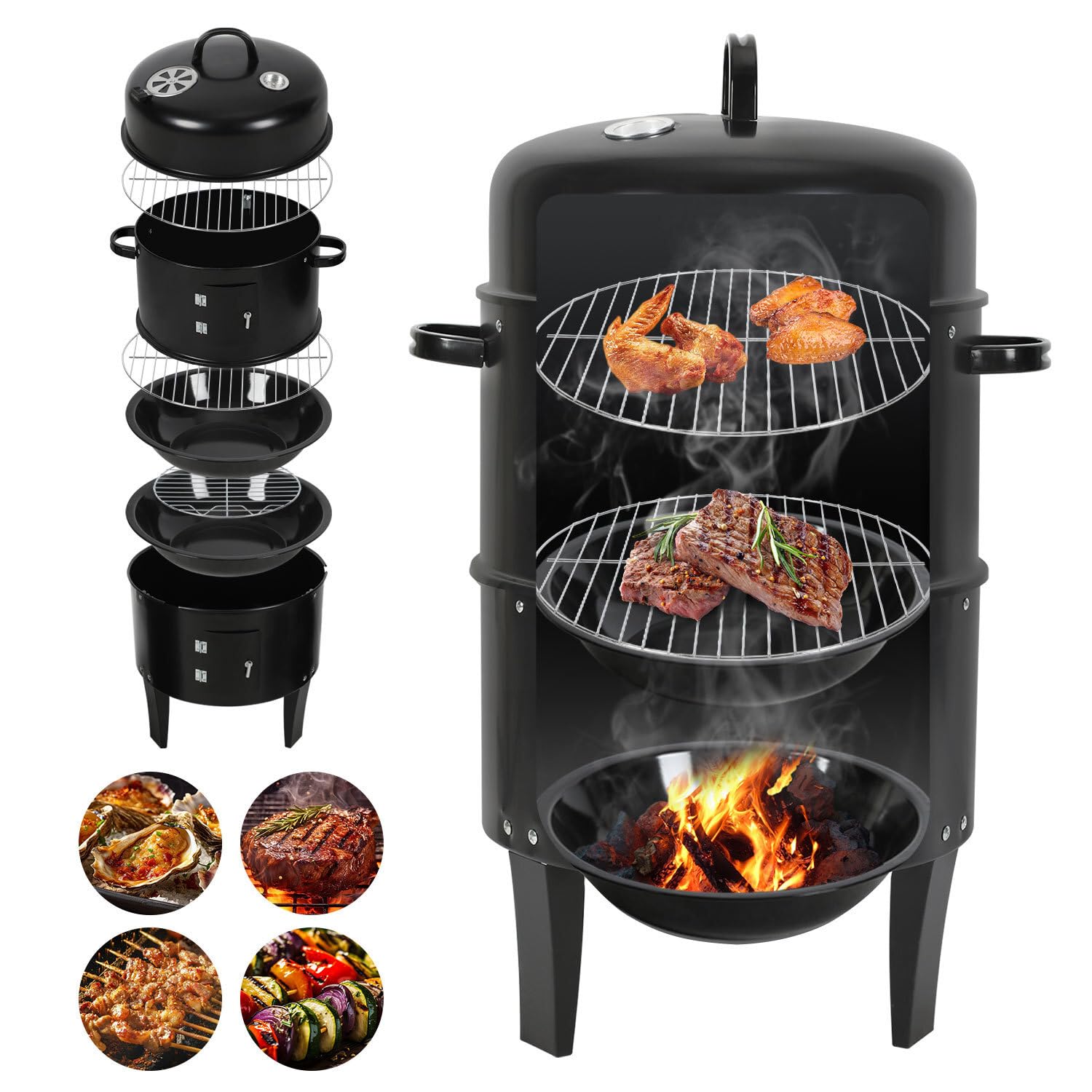 Horno para ahumar 3 en 1 para ahumar, barbacoa para ahumar, asar y cocinar, barbacoa de carbón vegetal con termómetro, tapa y asa, 2 niveles de diámetro 40 × 80 cm, para jardín, balcón y