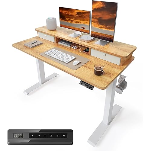 CubiCubi 48 x 24 Inch Electric Height Adjustable Standing Desk with Double Drawers, 4 Adjustable Feet & 2 Hooks, Home Office Computer Workstation, Light Rustic