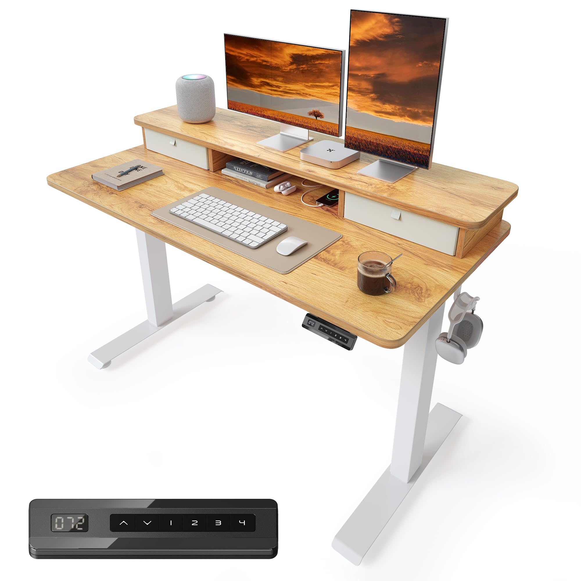 CubiCubi 48 x 24 Inch Electric Height Adjustable Standing Desk with Double Drawers 4 Adjustable Feet 2 Hooks