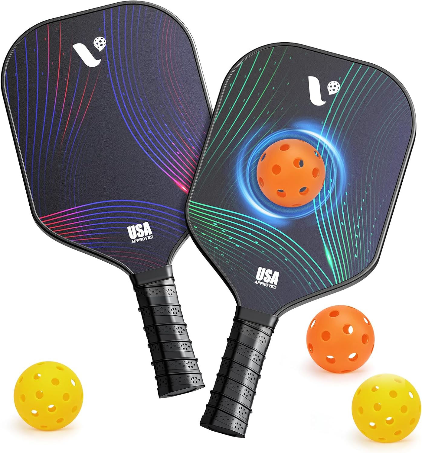 Pickleball Paddles Set of 2, USAPA Approved Fiberglass Pickle Ball Paddles with 4 Pickle Balls, Durable &Lightweight Racket for Beginners, Pros, Men, Women, Adults, Kids