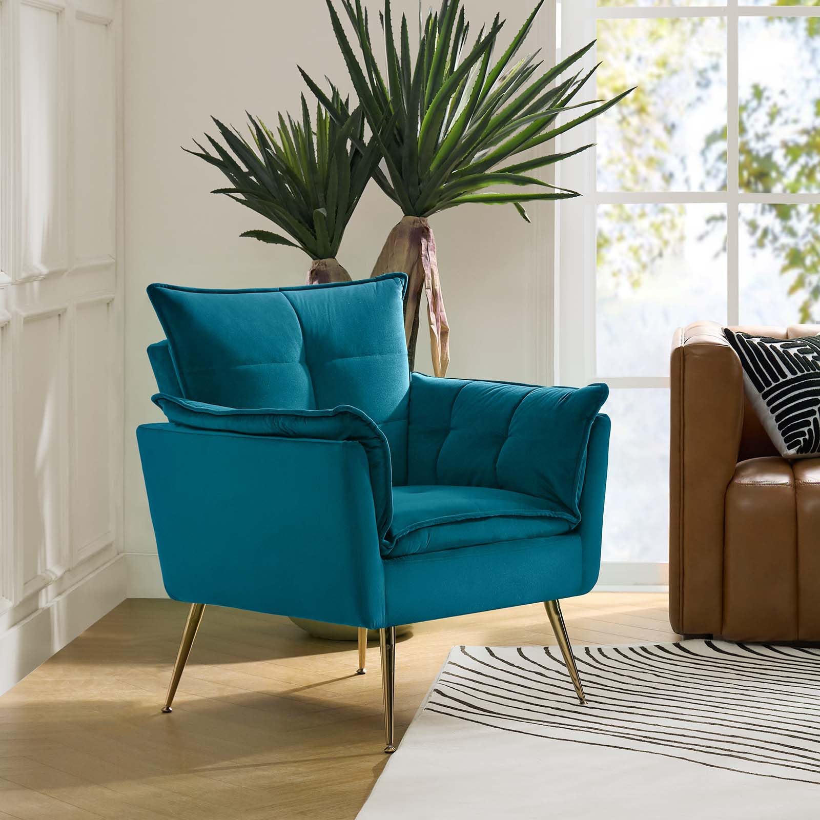 HULALA HOME Sessel gemütlich Lesesessel bequem mit goldenen Metallbeinen moderner Loungesessel aus Samt mit Dickes Sitzkissen für Wohnzimmer und Schlafzimmer, Dunkelgrün