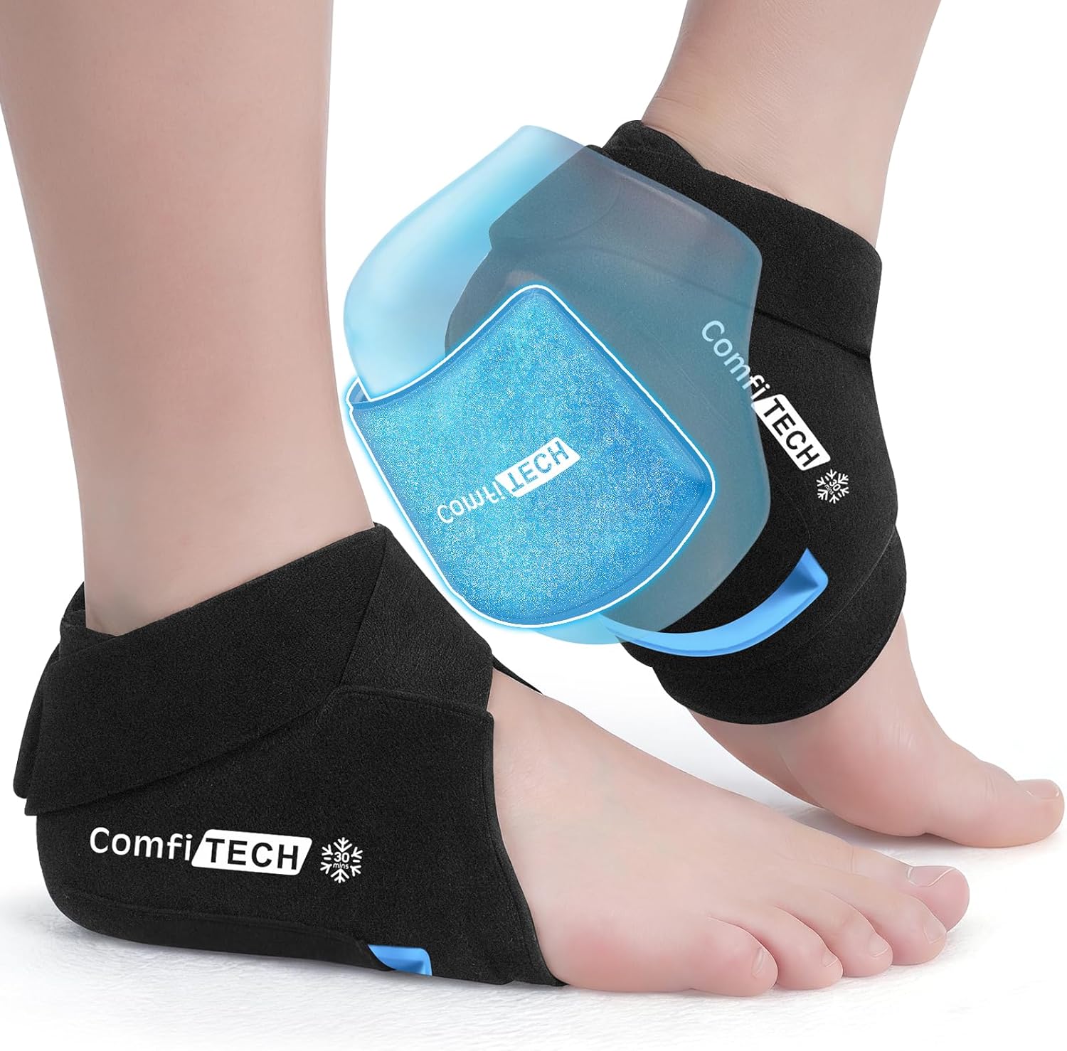 ComfiTECH Dual-Gel Ankle Foot Ice Pack Wrap with Extended 30-Min Cooling, Adjustable Compression Support for Plantar Fasciitis Relief, Reusable Gel Cold Pack for Tendonitis, Sprain, Swelling, Heel