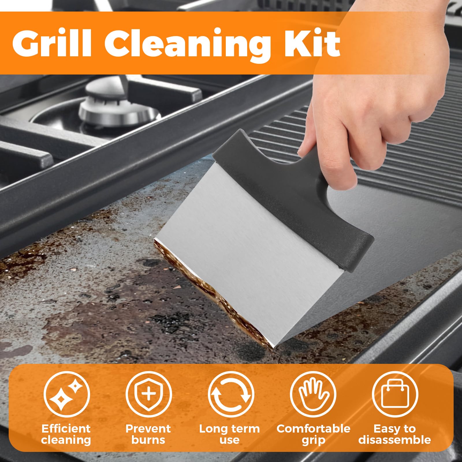 bigjvbfv 25 Pcs Griddle Cleaning Kit with Griddle Scraper Scouring Pads Cleaning Stone and Handle, Flat Top Grill Cleaner Kit with Scraper, Multipurpose Grill Cleaner Set for Grills