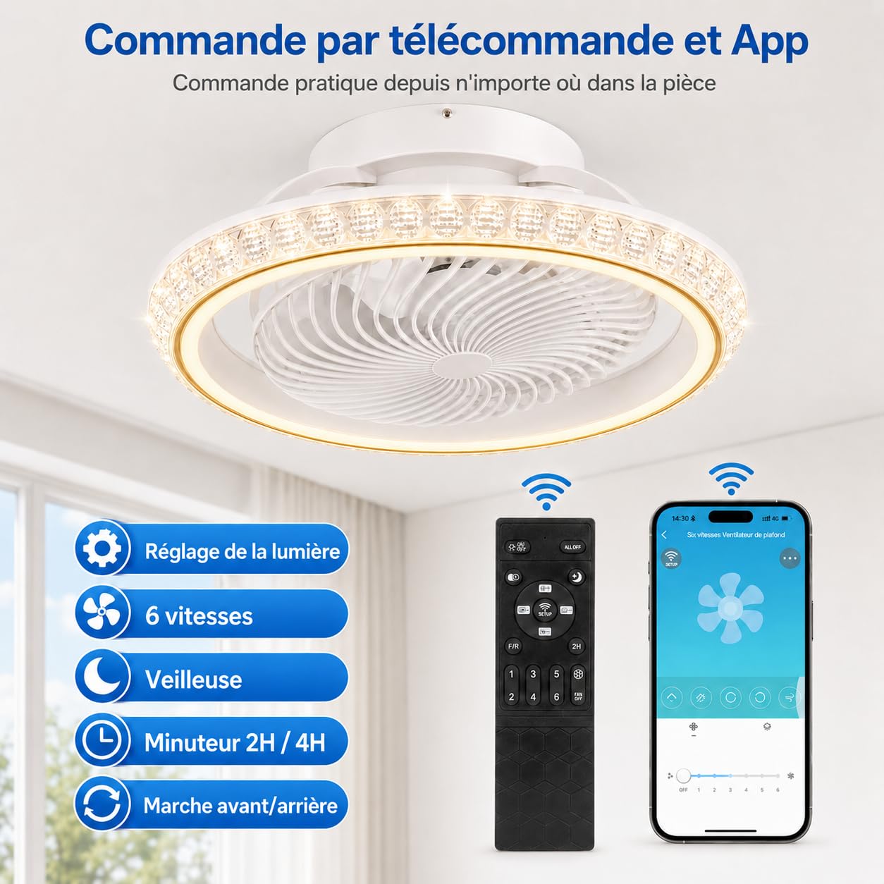 Ventilateur de Plafond avec Lumière LED 72W, Plafonnier Ventilateur Silencieux Rotation 360°, Éclairage Dimmable avec Minuterie, Télécommande et App, pour Chambre et Salon (Or)