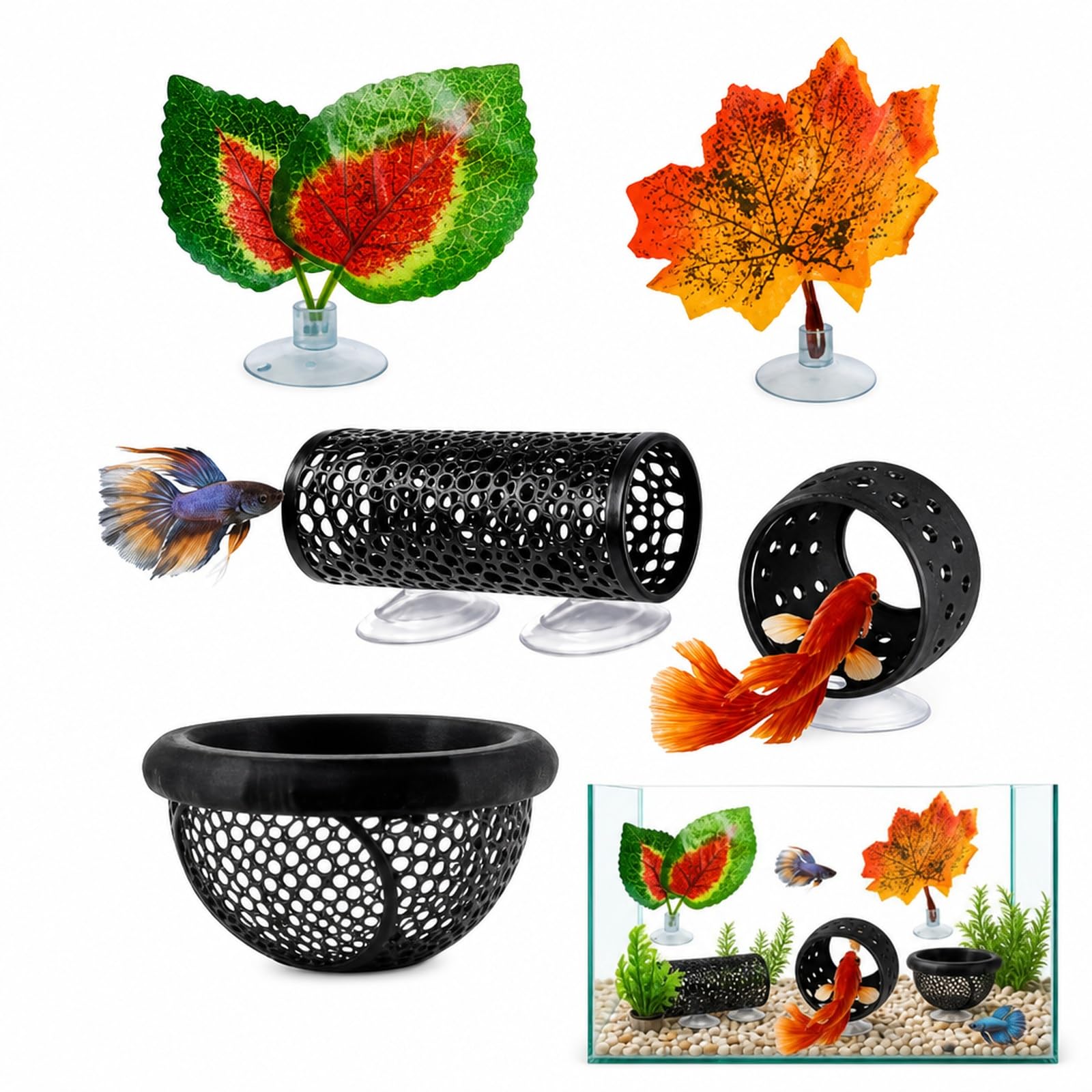 LIMZABE Betta Fish Accessories Set, 5 Pieces with Tunnels and Plants