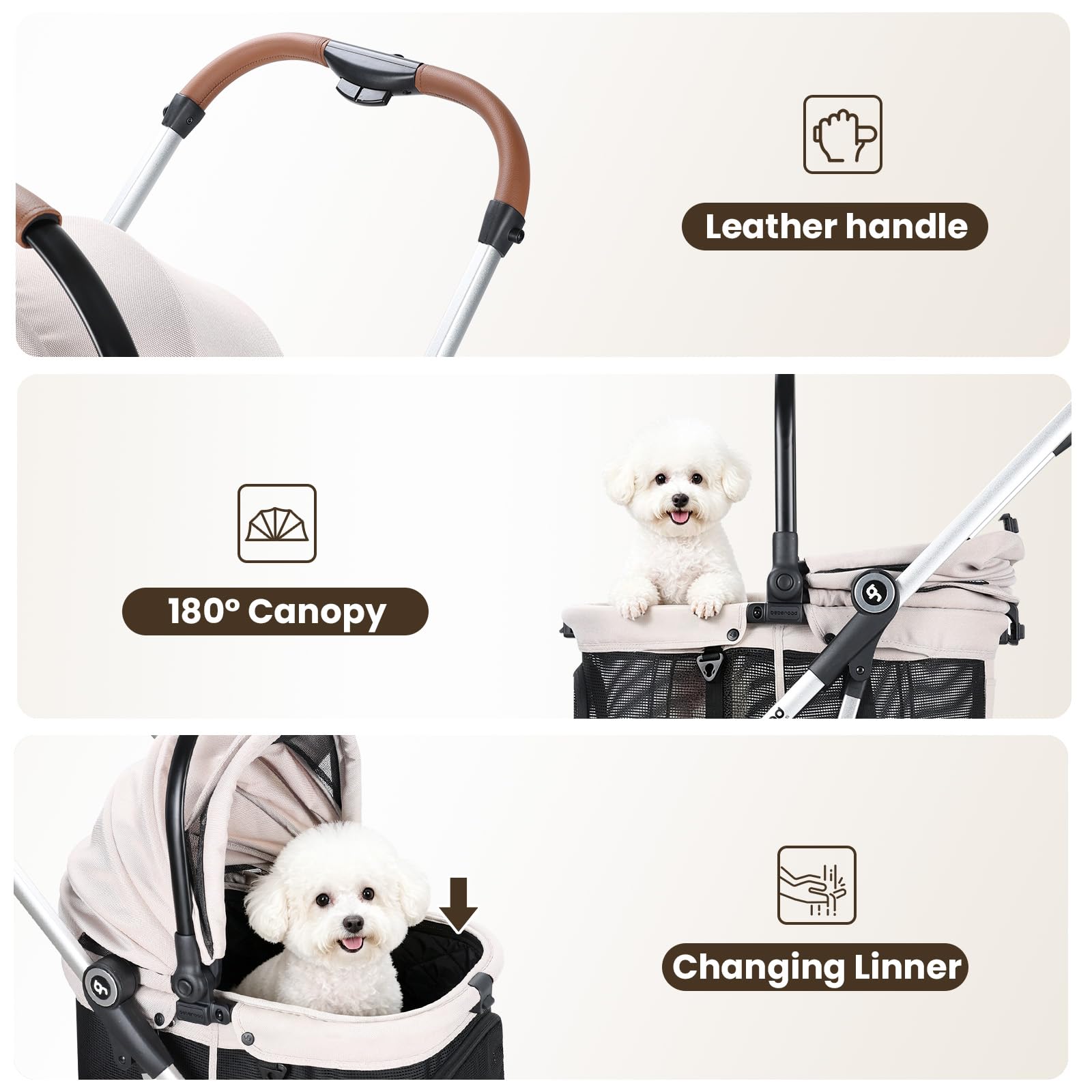 Beberoad Pets T3 PRO Haustier-Kinderwagen für kleine und mittelgroße Hunde und Katzen, 4 Räder, Reise-Klapptrage, wasserdicht, Welpenwagen mit Pad, Baldachin und Getränkehalter, Beige