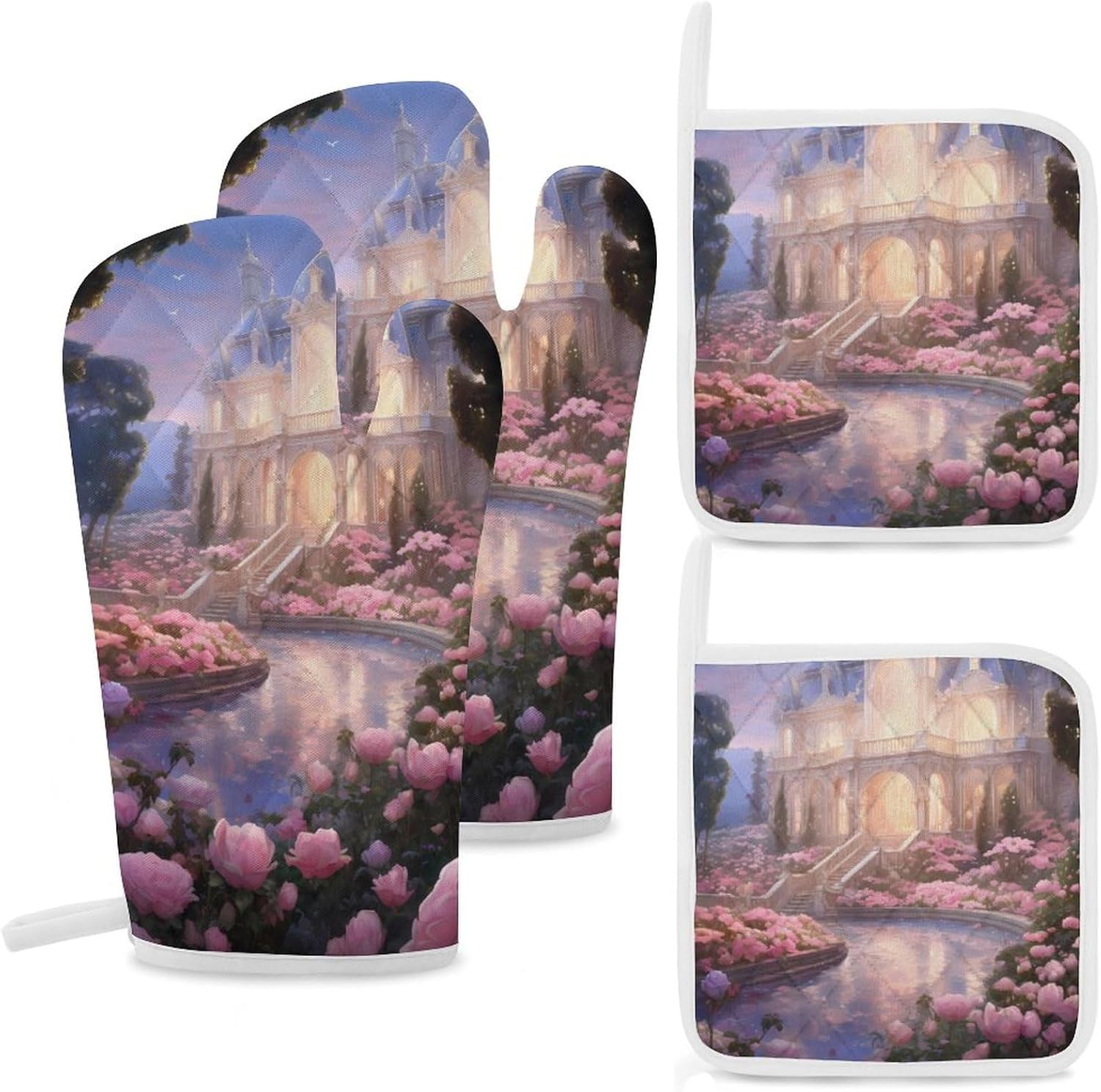 Flower Castle 4 Pcs Oven Mitts and Pot Holders Set High Heat Resistant Long Kitchen Oven Glove Potholders