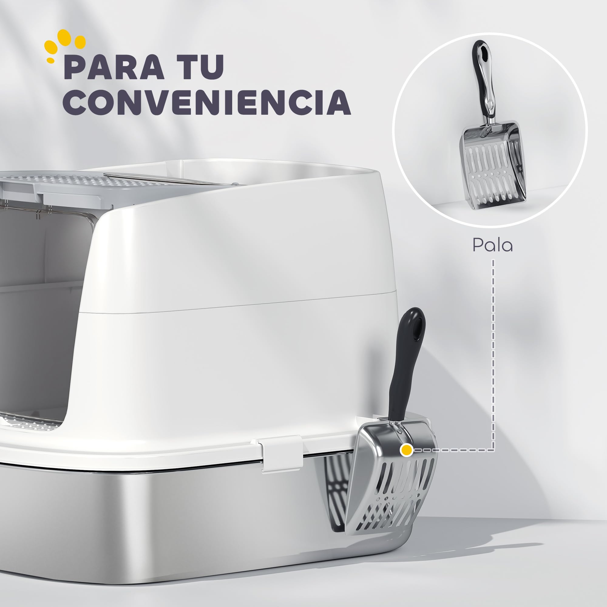 PawHut Arenero para Gatos de Acero Inoxidable L con Tapa Abatible Blanco | Caja de Arena para Gatos, Pala Metálica, Bolsa Desodorizante, Fácil de Limpiar, Antifugas
