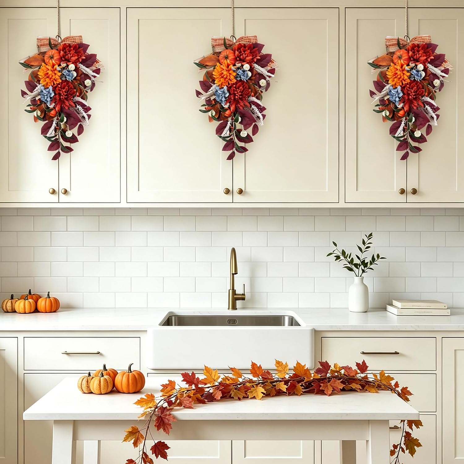 2PCS 24 Inch Fall Swags with Pumpkin Plaid Bow for Door Decor