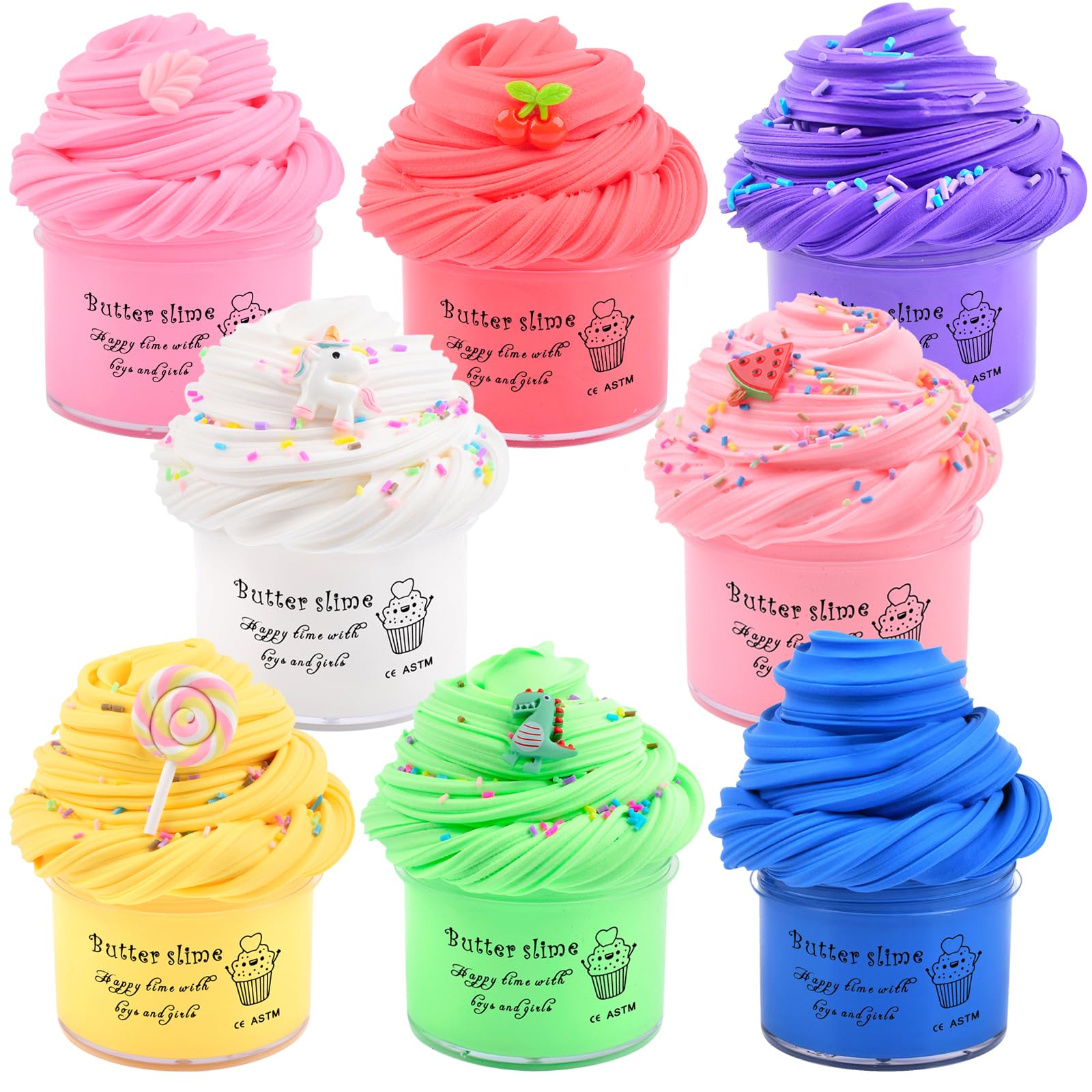 8 Pack Butter Slime Kit, DIY Stress Relief Toy Scented Slime with 8 Color Cute Slime and Fun Charms, Birthday Gifts for Kids Girls Boys, Party Favor, Idea Toys