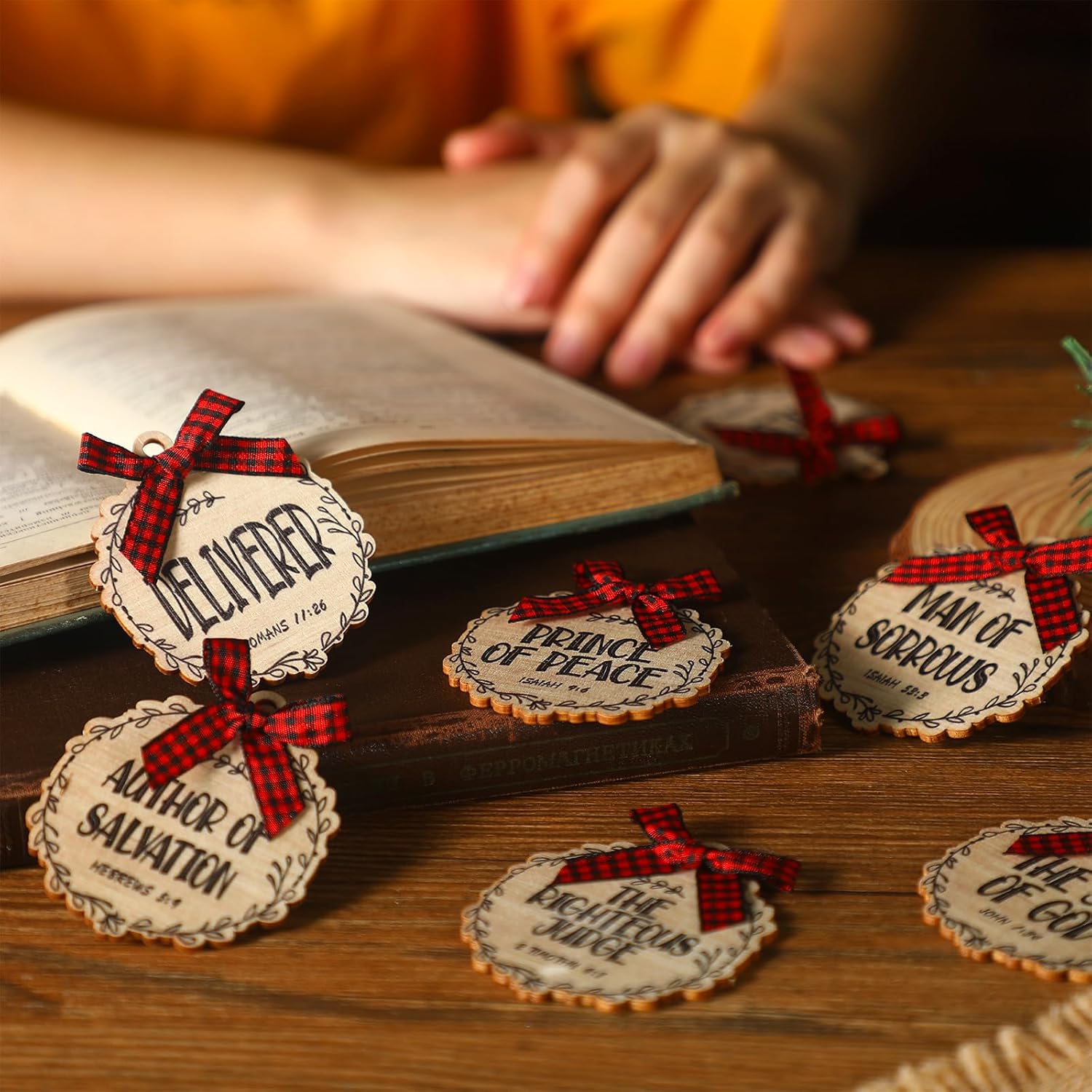 Soaoo 50 Pcs Names of Jesus Ornaments 3 Inch Christmas Religious Decoration Christ Ornaments Christmas Wood Hanging Decoration with Savior Names and Red Buffalo Plaid Bows Decor (Beige,Classic) - Image 7