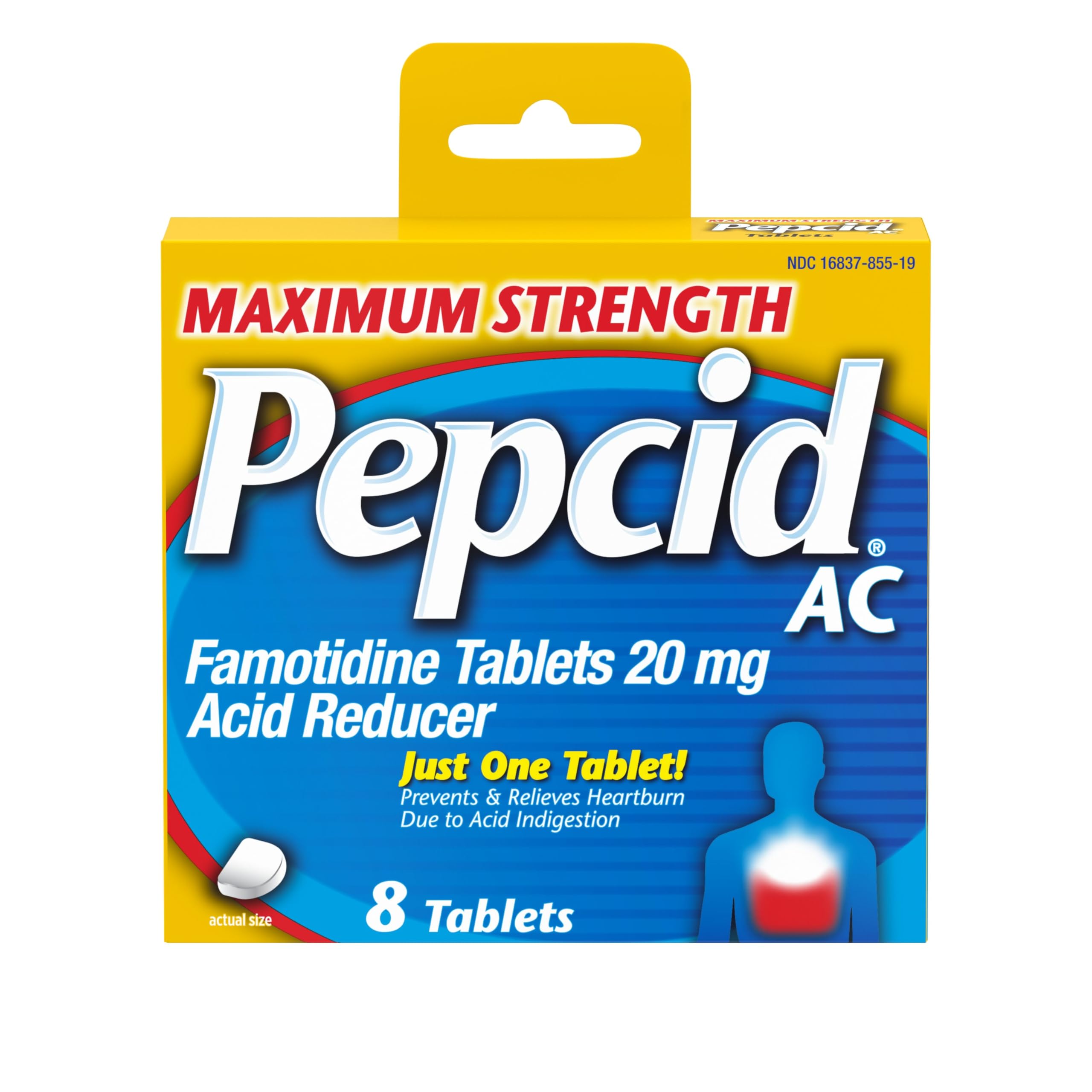 Pepcid AC Maximum Strength Heartburn Relief Tablets, OTC Medicine Prevents & Relieves Heartburn Due to Acid Indigestion & Sour Stomach, 20 mg Famotidine Acid Reducer, Fast-Acting, 8 ct
