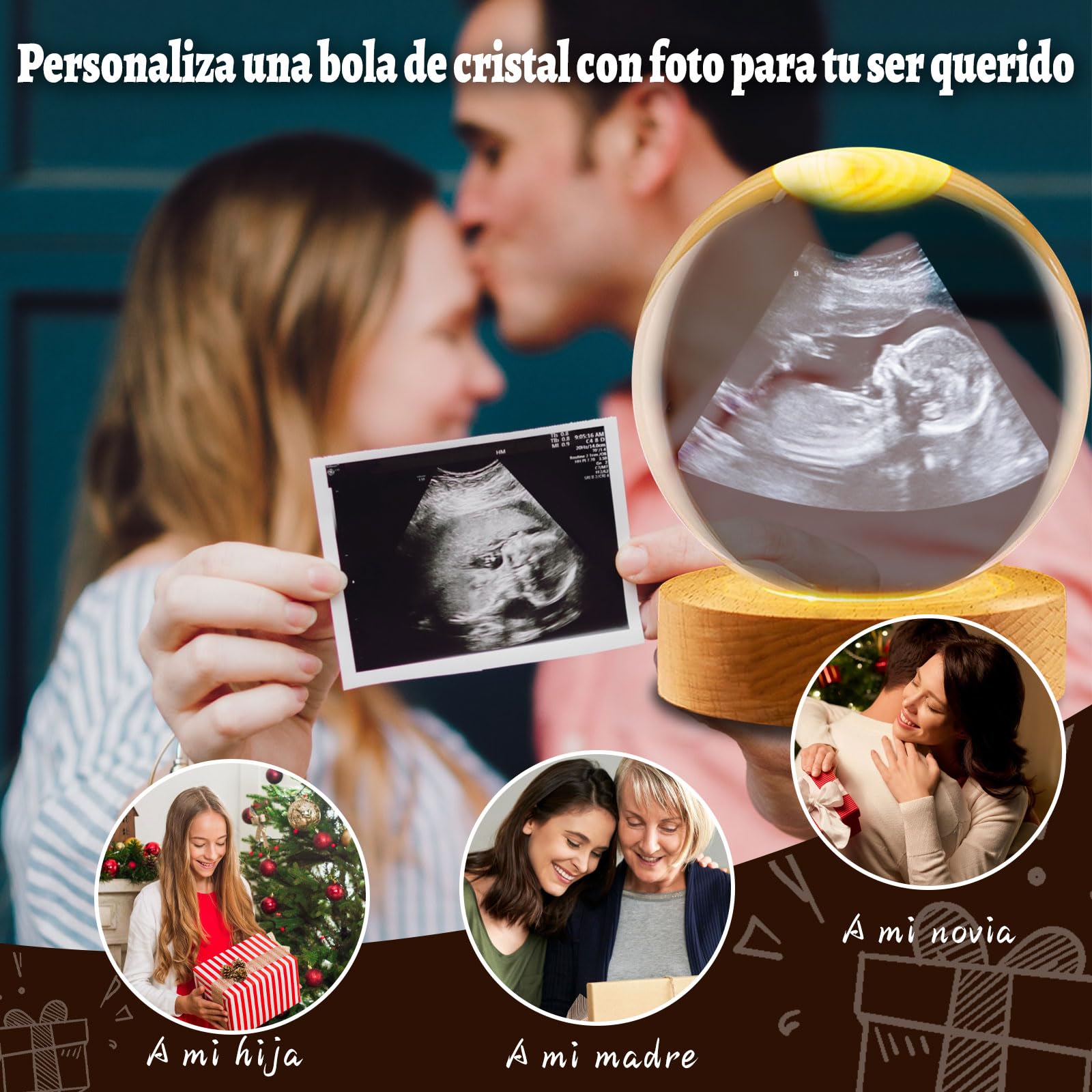 Esfera de Cristal Personalizada 3D con Foto y Texto - Bola de Cristal con Base de Madera Grabada, Regalo de Fotografía 3D Navidad, Halloween, Ultrasonidos, Familia (Ecografía)