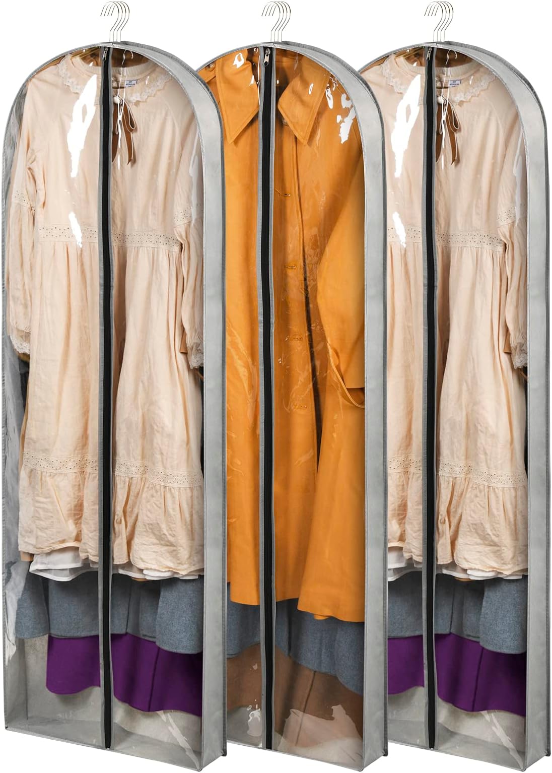 3 Pack 60" Long Garment Bags for Hanging Clothes Storage, Clear Moth Proof Suits Covers with 4" Gussetes for Closet Storage Travel, Plastic Protector for Dress Gowns, Coats, Suit, Down Jacket