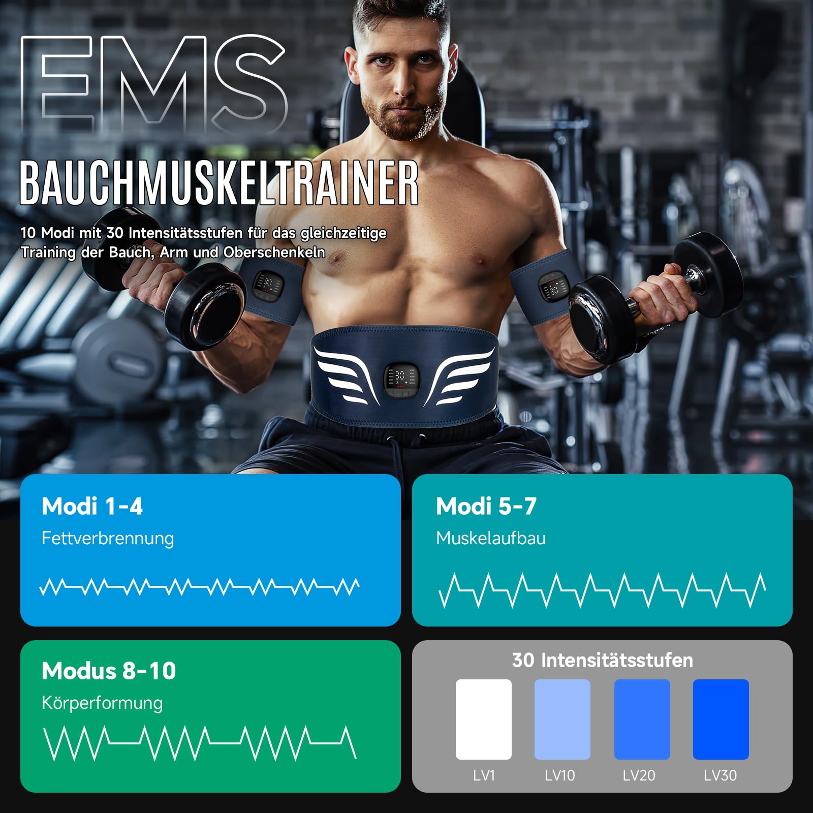 Profey EMS Bauchmuskeltrainer, Bauchmuskeltrainer Elektrisch für Arm Bein, EMS Trainingsgerät mit 10 Modi und 30 Intensitäten, EMS Gerät Bauchtrainer mit Aluminium-Elektroden, Kalorienanzeige