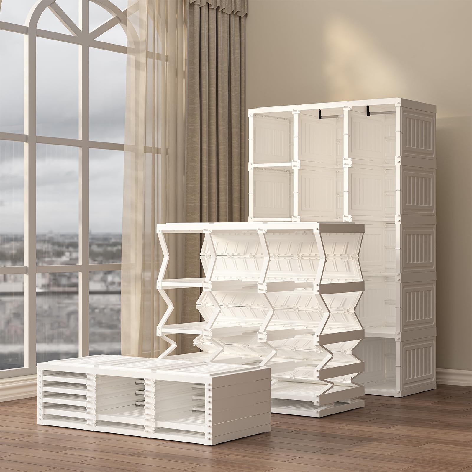 Zusammenklappbarer Kleiderschrank,104x170x50cm, schnelle Montage, vielseitiger Schrank mit Kleiderstange und Magnettüren, Perfekt für Schlafzimmer und Wohnzimmer,5 Staufächer-3 Kleiderbügel
