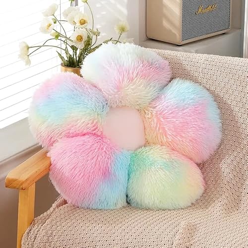 UGEYAO Faux Fur Pillow,Flower Shaped Throw Pillow Butt Cushion Flower Floor Pillow,Seating Cushion,Cute Room Decor & Plush Pillow for Bedroom Sofa Chair (19.7 Inches, Rainbow Pink) - Rainbow Pink - 19.7 Inches