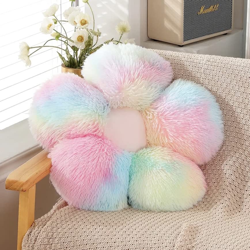 UGEYAO Faux Fur Pillow Flower Shaped Throw Pillow Butt Cushion Flower Floor Pillow Seating Cushion Cute Room Decor & Plush Pillow for Bedroom Sofa Chair (19.7 Inches Rainbow Pink)