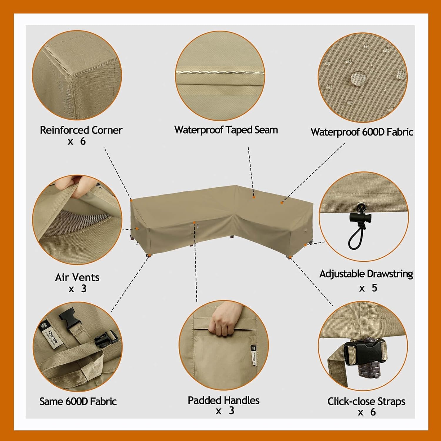 Heavy Duty Outdoor Sectional Cover, 104"X83" Waterproof 600D Patio Sectional Couch Protector, L-Shaped Lawn Patio Furniture Covers, Right Facing-Desert Khaki