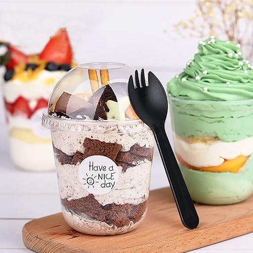 Miniatura 7 de Paquete de 100 vasos de plástico transparente de 12 onzas con tapas de cúpula, tazas de parfait de cristal con tenedores, vasos de postre
