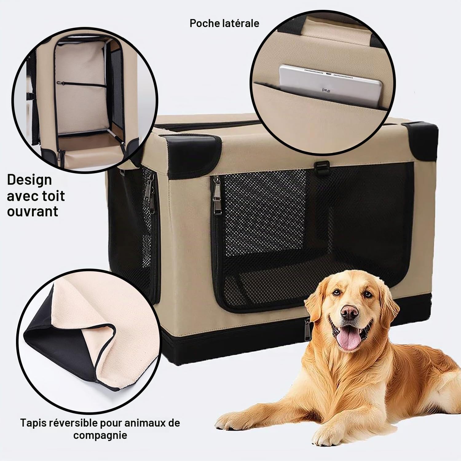 Caisse de Transport pour Chien,Cage Transport Chien,Manchon en Tissu Réglable,Enêtres en Maille Résistante à la Mastication, Utilisation en Intérieur/Extérieur, Pliable (82x59x59 cm)