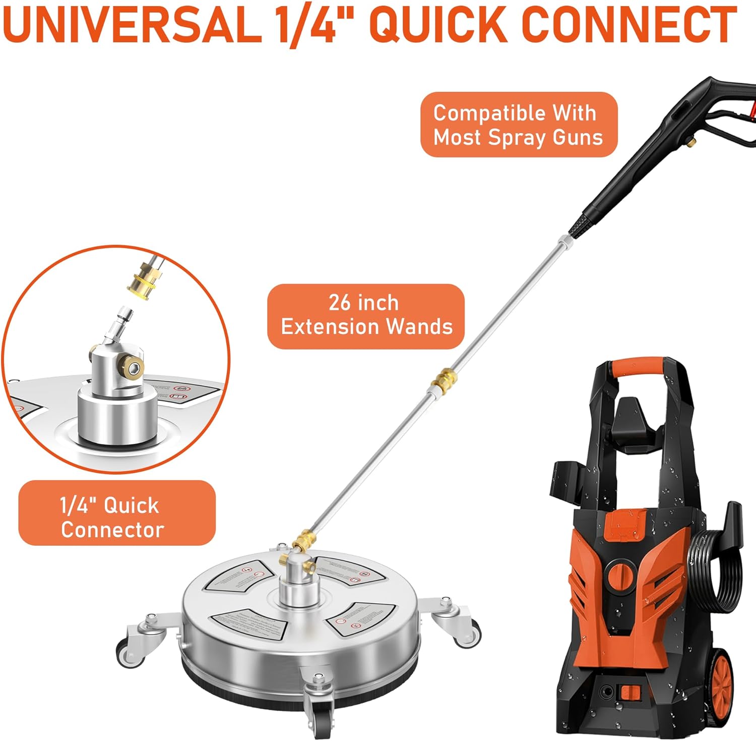 14" Pressure Washer Surface Cleaner with 4 Wheels, 4000 PSI Max Stainless Steel Surface Cleaner for Pressure Washer, 2 Extension Wands, 1/4" Quick Plug, for Concrete, Patio, Sidewalk, Deck