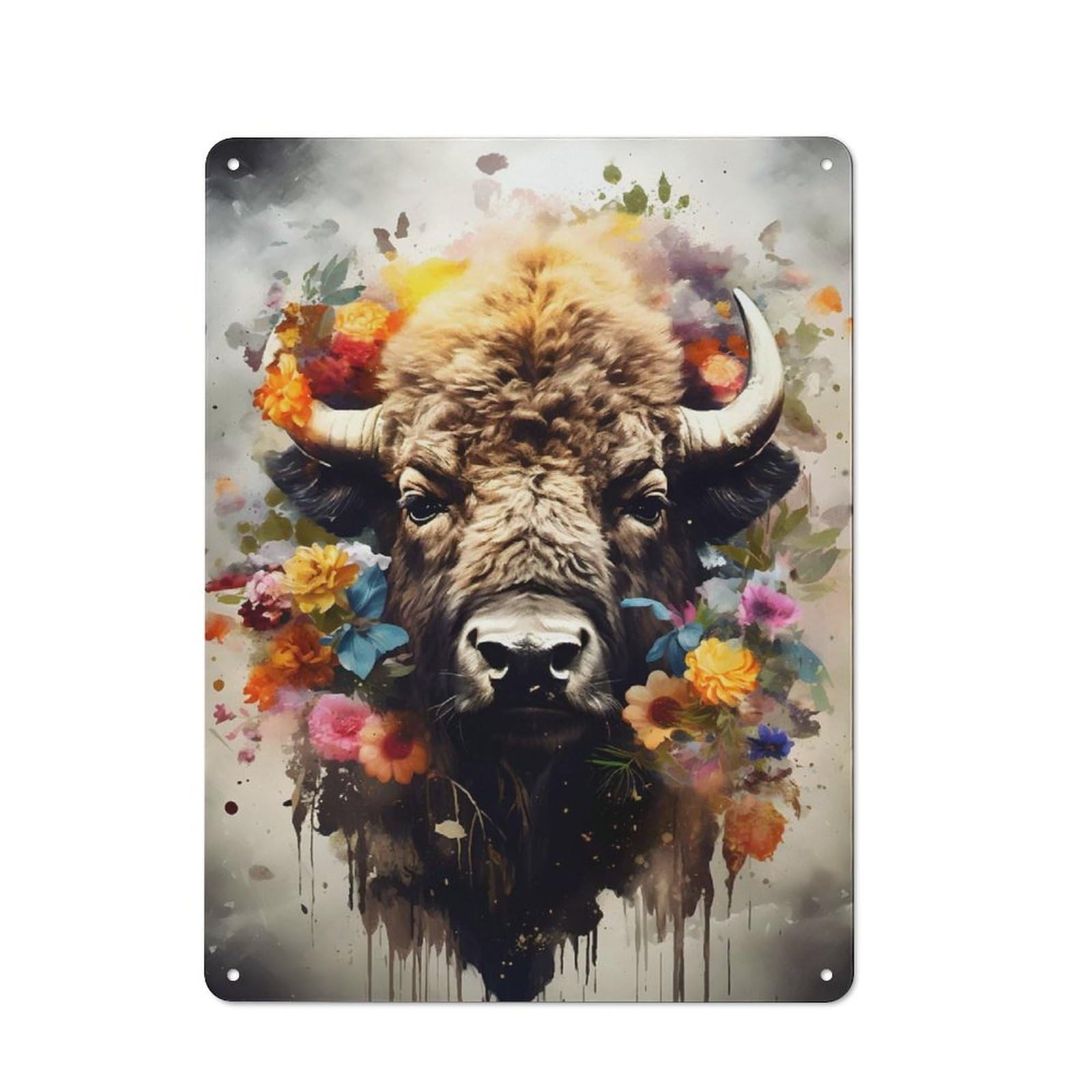 Junmoney Style-9 Bison Floral Hues Cottage Style Metal Wall Decor 40X30cm, Tin Wall Plaque For Kitchen, Cottage, Porch Or Garden Room