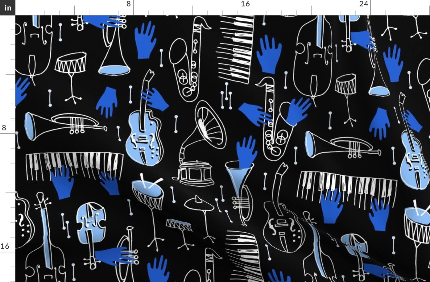 Spoonflower Fabric - Blue Musical Jazz Music Blues Piano Trumpet American Bass Printed on Organic Cotton Sateen Fabric by The Yard - Sewing Quilting Apparel Home Decor
