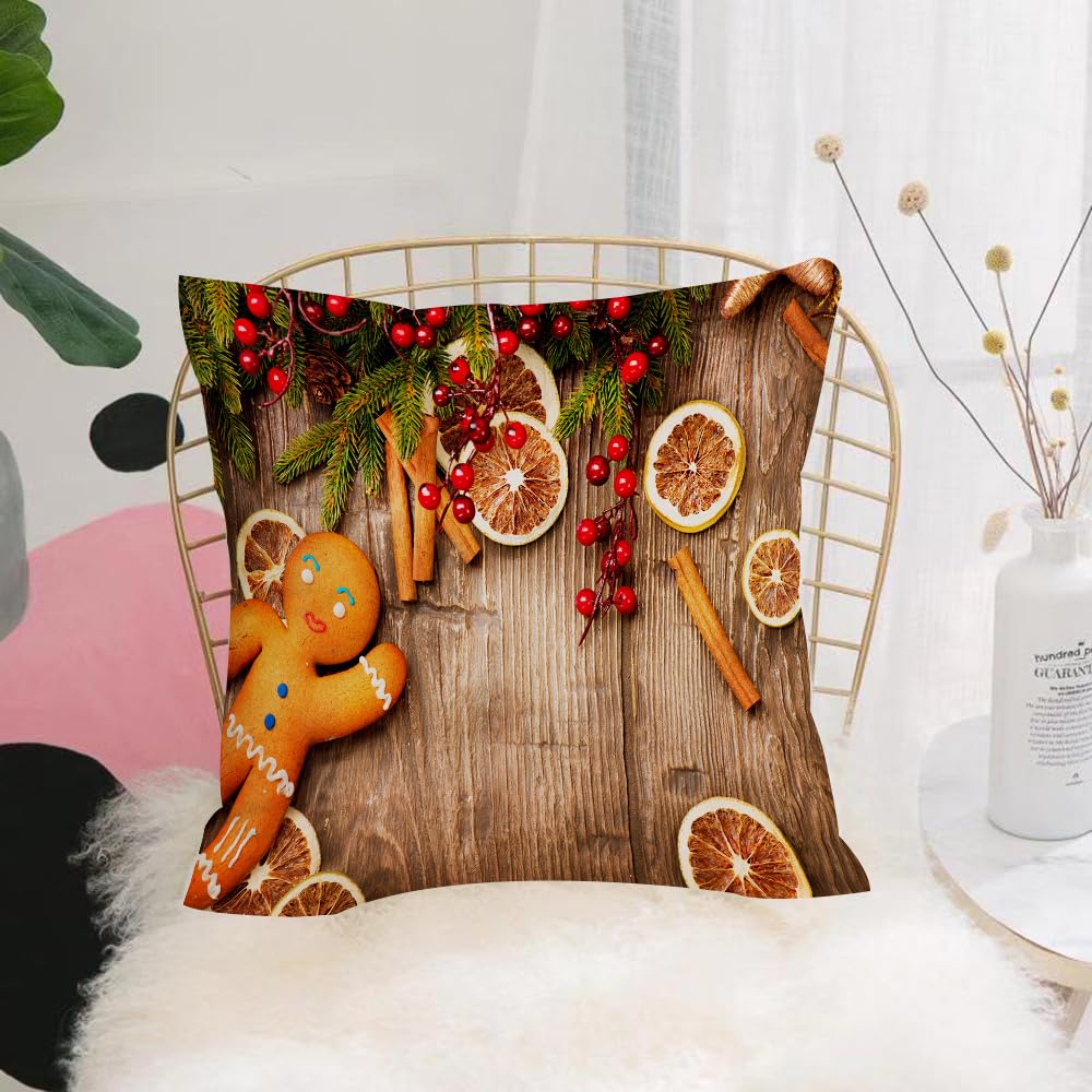 HYOSXW Cushion Cover,Throw Pillow Case Home Decorative for Living Room Bedroom Sofa Chair 16X16 Inch,Gingerbread man, rustic sition with holly berry, orange slice,Pillowcase 40X40cm