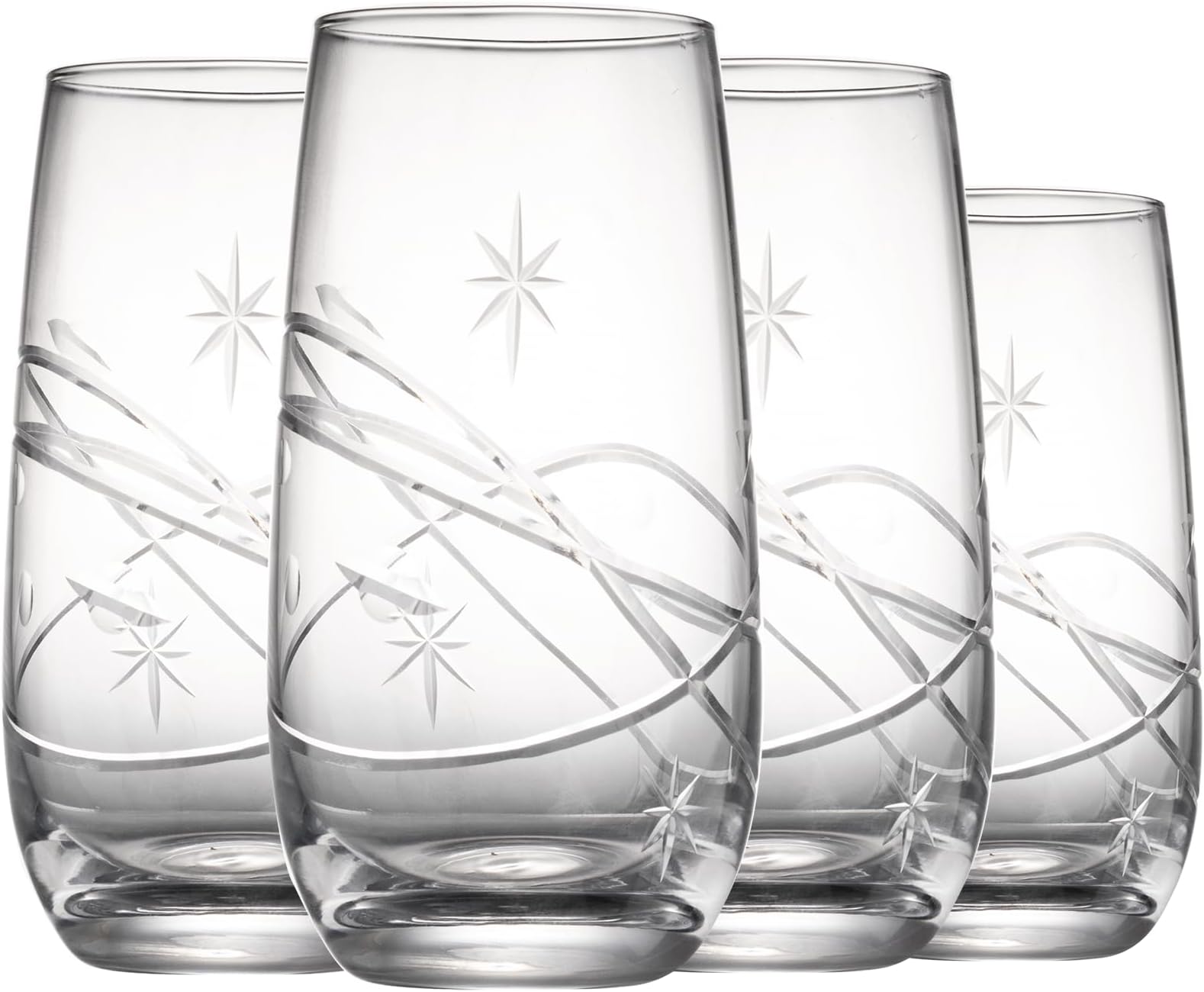 SHOSHIN Hand-Cut Highball Glasses – Elegant 17 oz Lead-Free Crystal Drinking Glasses with Space Pattern, Dishwasher Safe, Perfect for Water and Collins Cocktails (Set of 4)