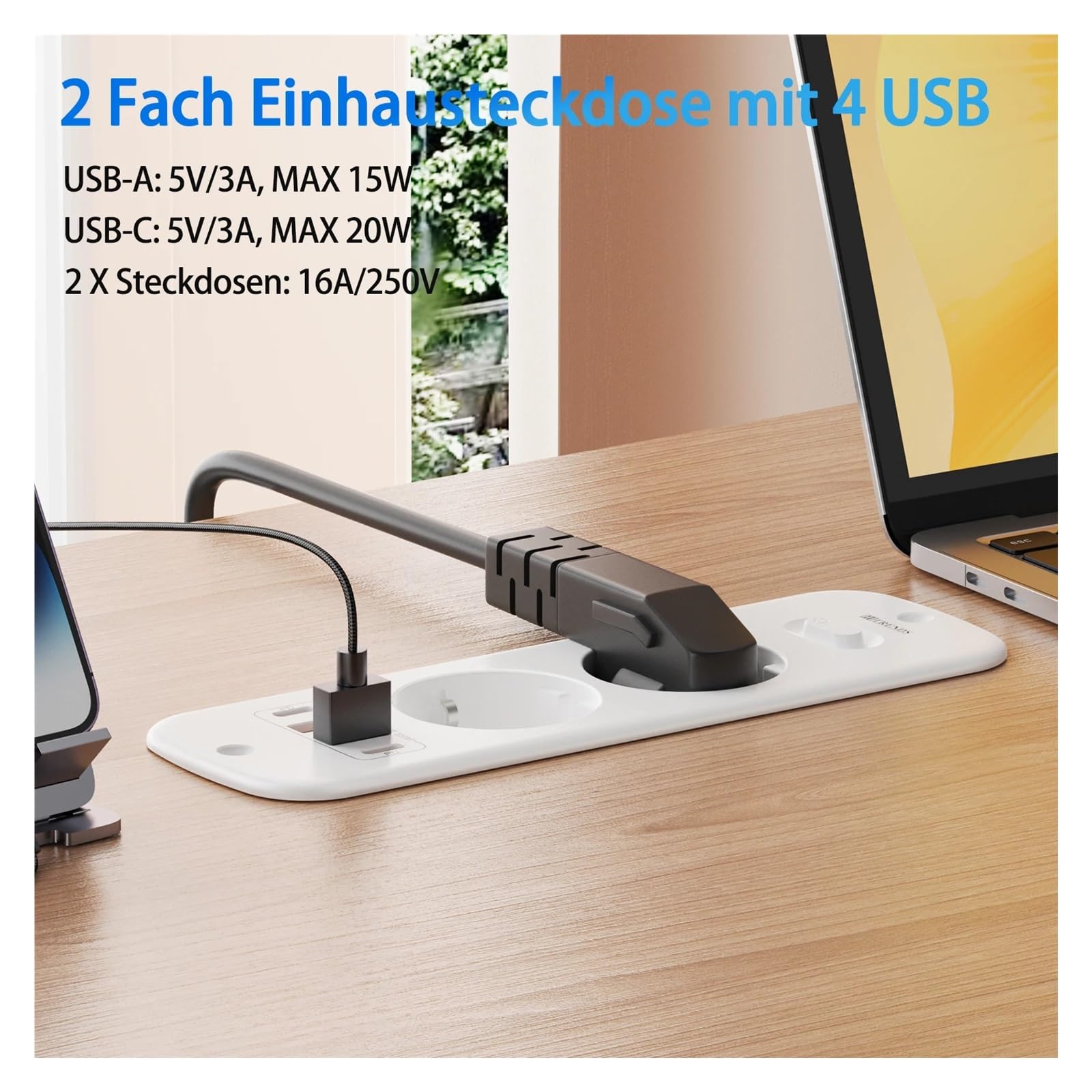 Carte d'alimentation intégrée à double prise ue, avec Port de charge rapide intelligent 2USB-A et 2USB-C PD20W, câble d'extension en spirale de 2 mètres(EU_110-250V_WHITE)
