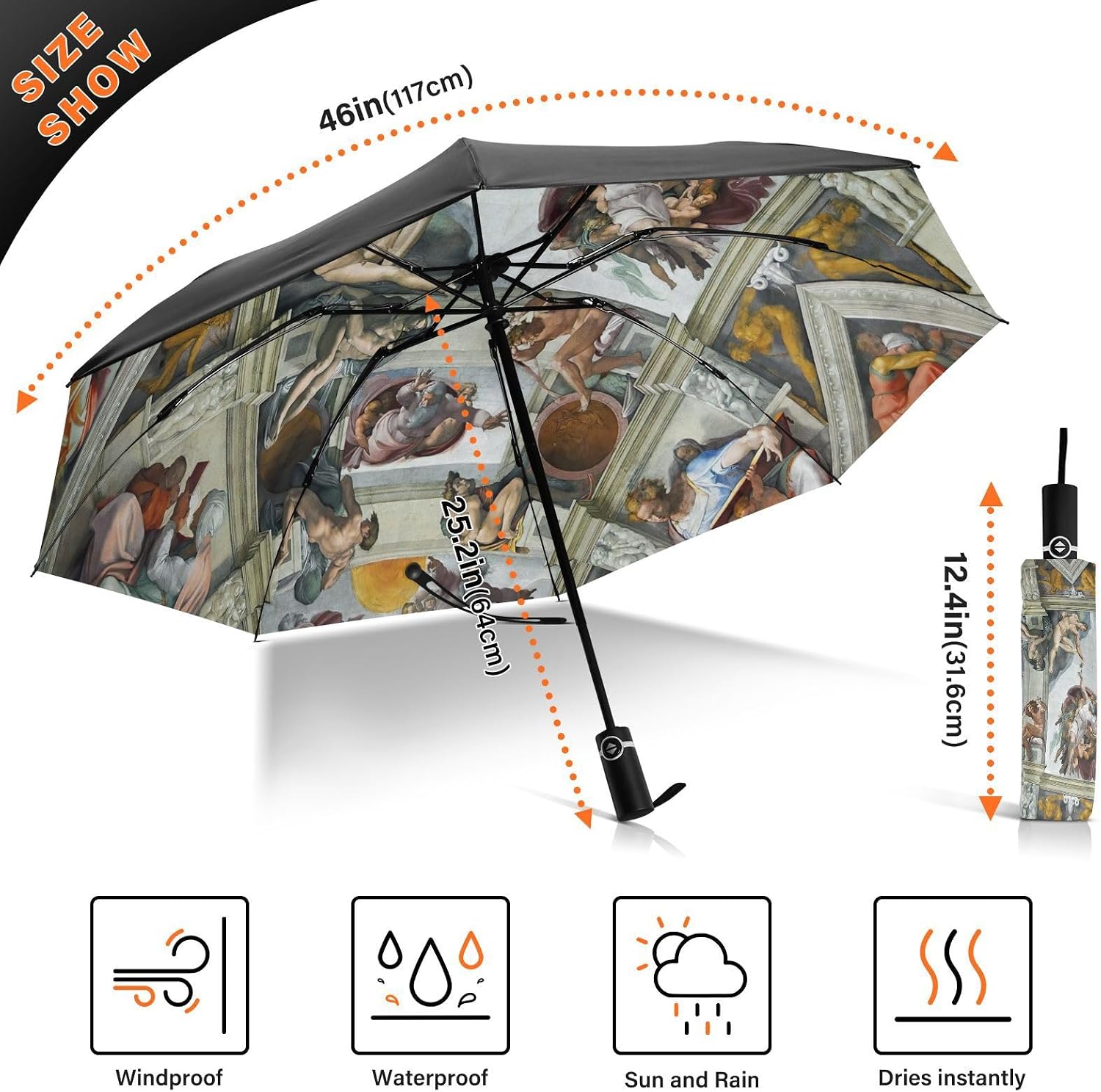 Umbrella, Lightweight Durable Automatic Open/close Umbrella for Women, Travel Umbrellas for Rain, Wind and Sun, Michelangelo Paint Ceiling Sistine Chapel