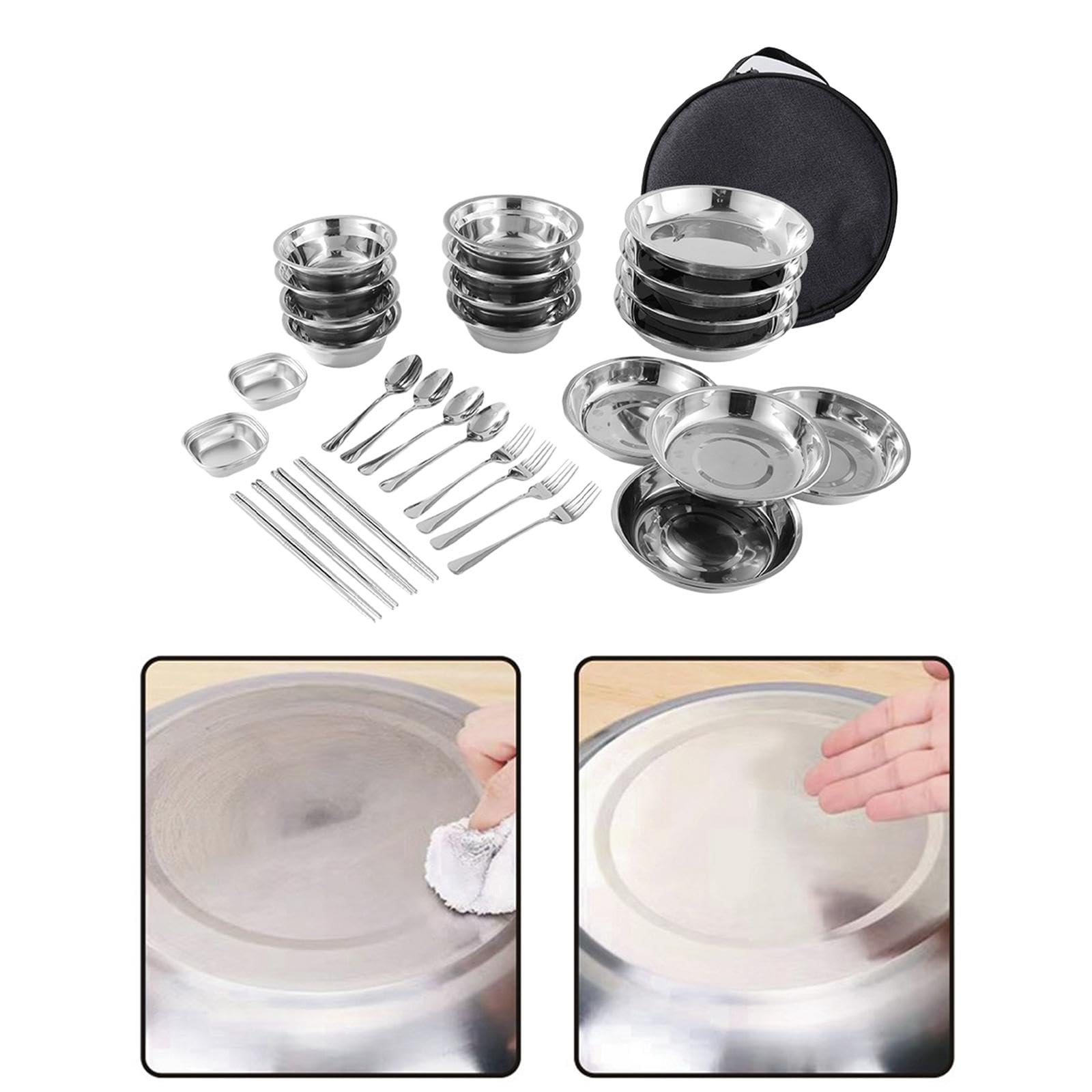 Outdoor Camping Utensilien Set mit Edelstahl Tellern Schüsseln Und Besteck Inklusive Tasche Zum Einfachen Transport für Backpacking Reisen, 30 Stück