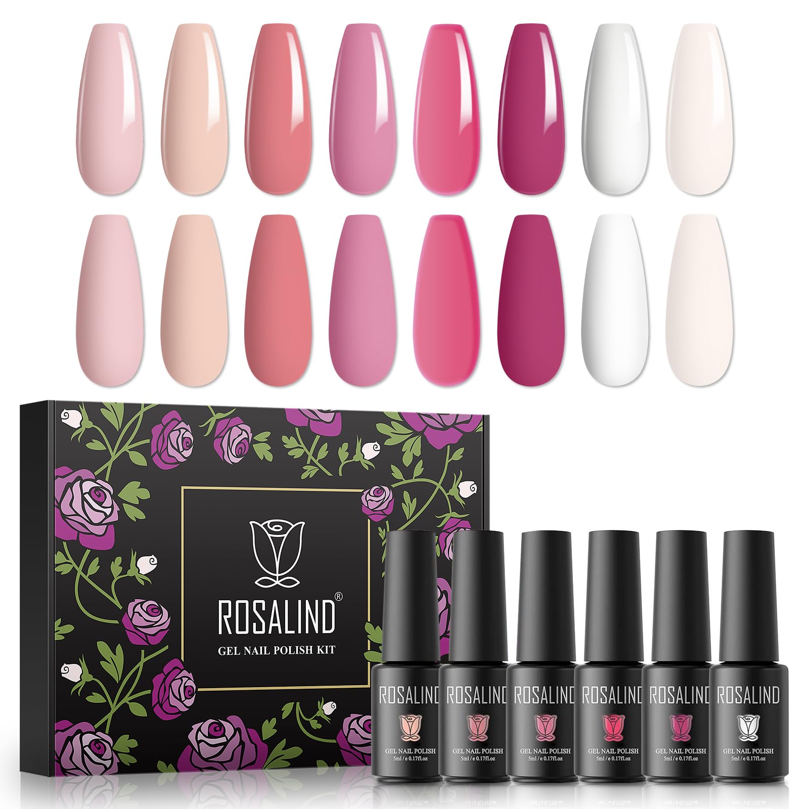 ROSALIND Esmaltes Semipermanentes para Uñas, 8 Color Smalto Gel Unghie UV, Blanco Rosa Pintauñas Semipermanentes, 5ml UV Gel de Uñas Semipermanente, Set Manicura, Gel Nail Polish 8Pcs